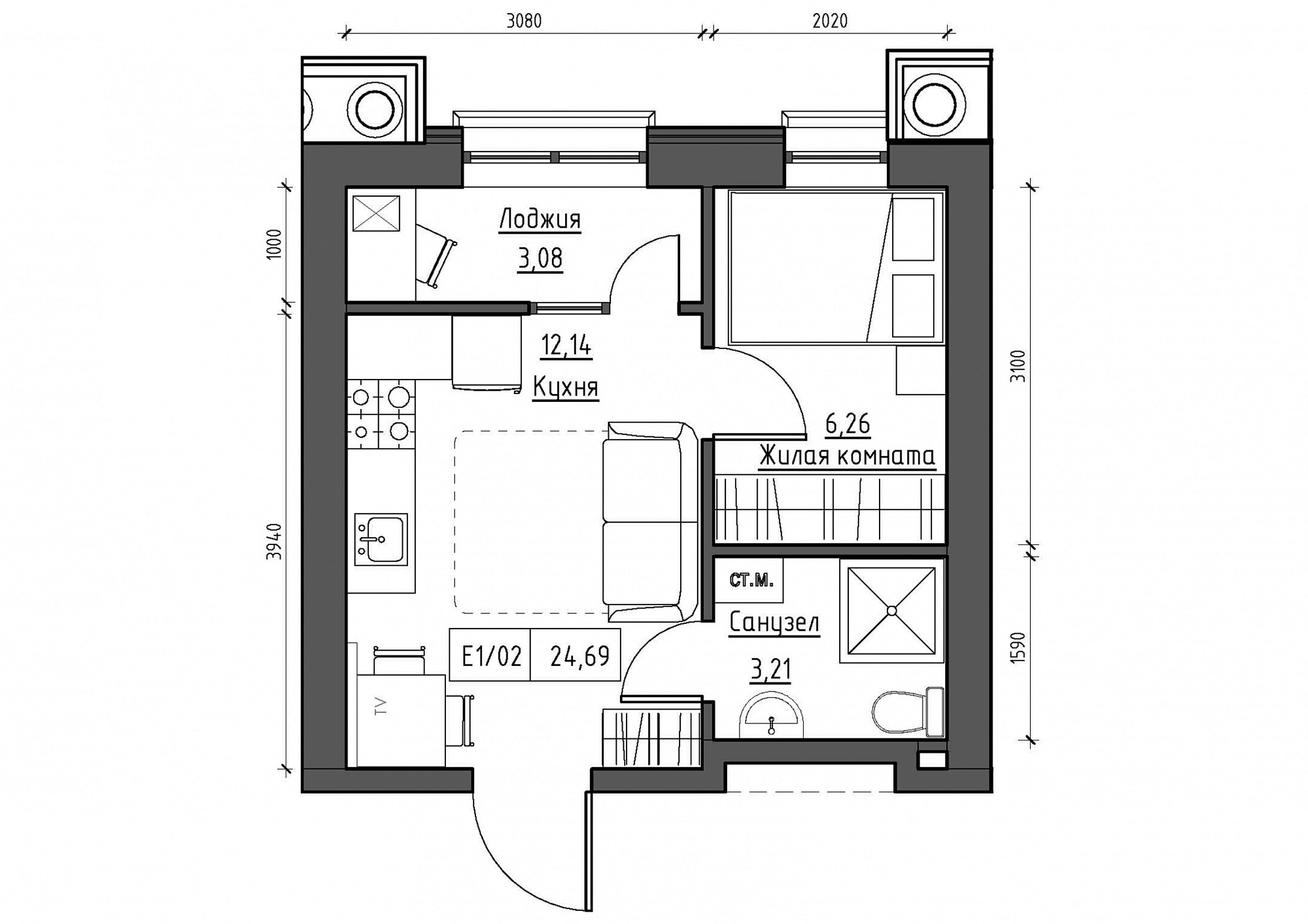 Планировка 1-к квартира площей 25.11м2, KS-012-05/0002.