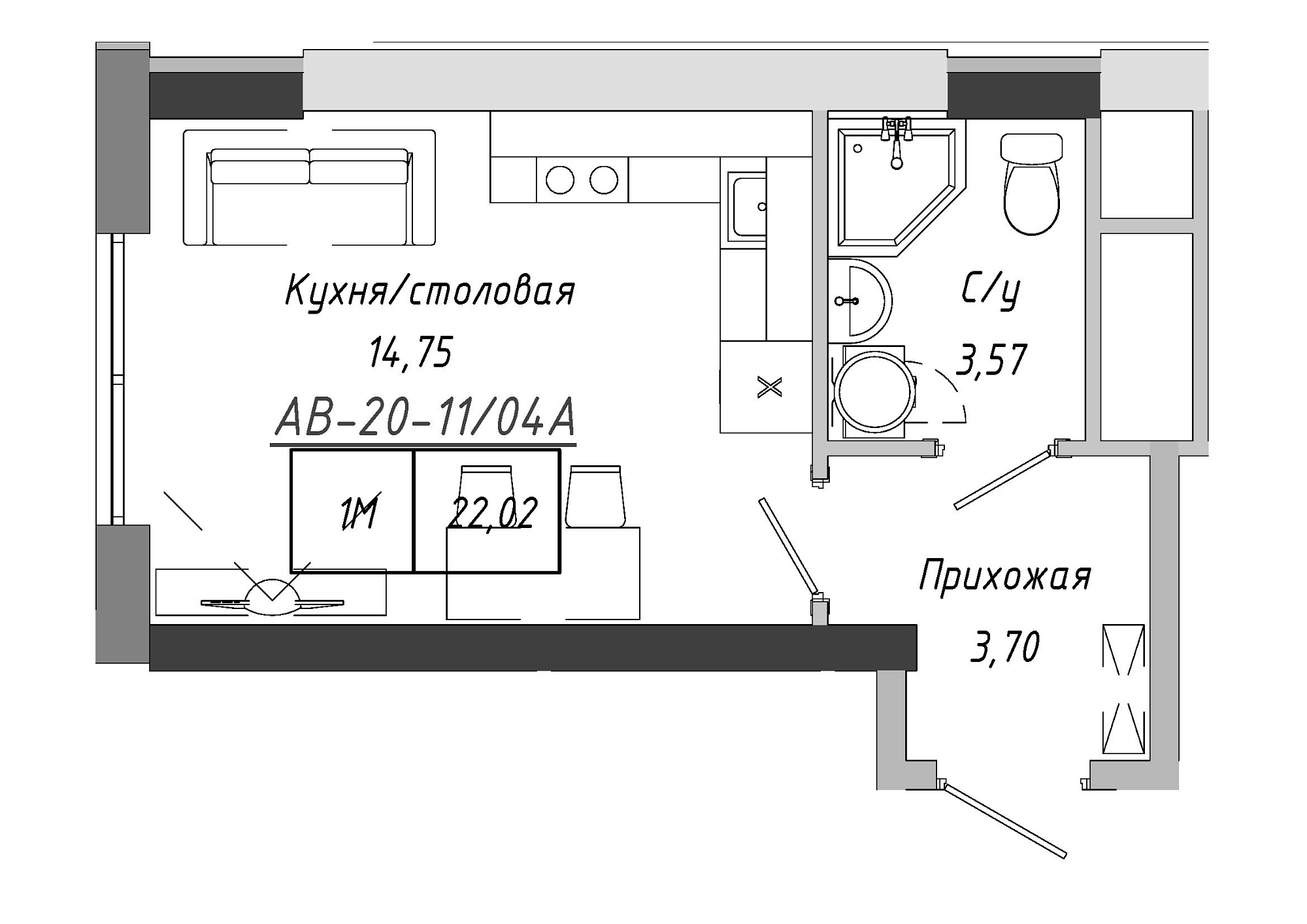 Планировка Smart-квартира площей 21.3м2, AB-20-11/0004а.