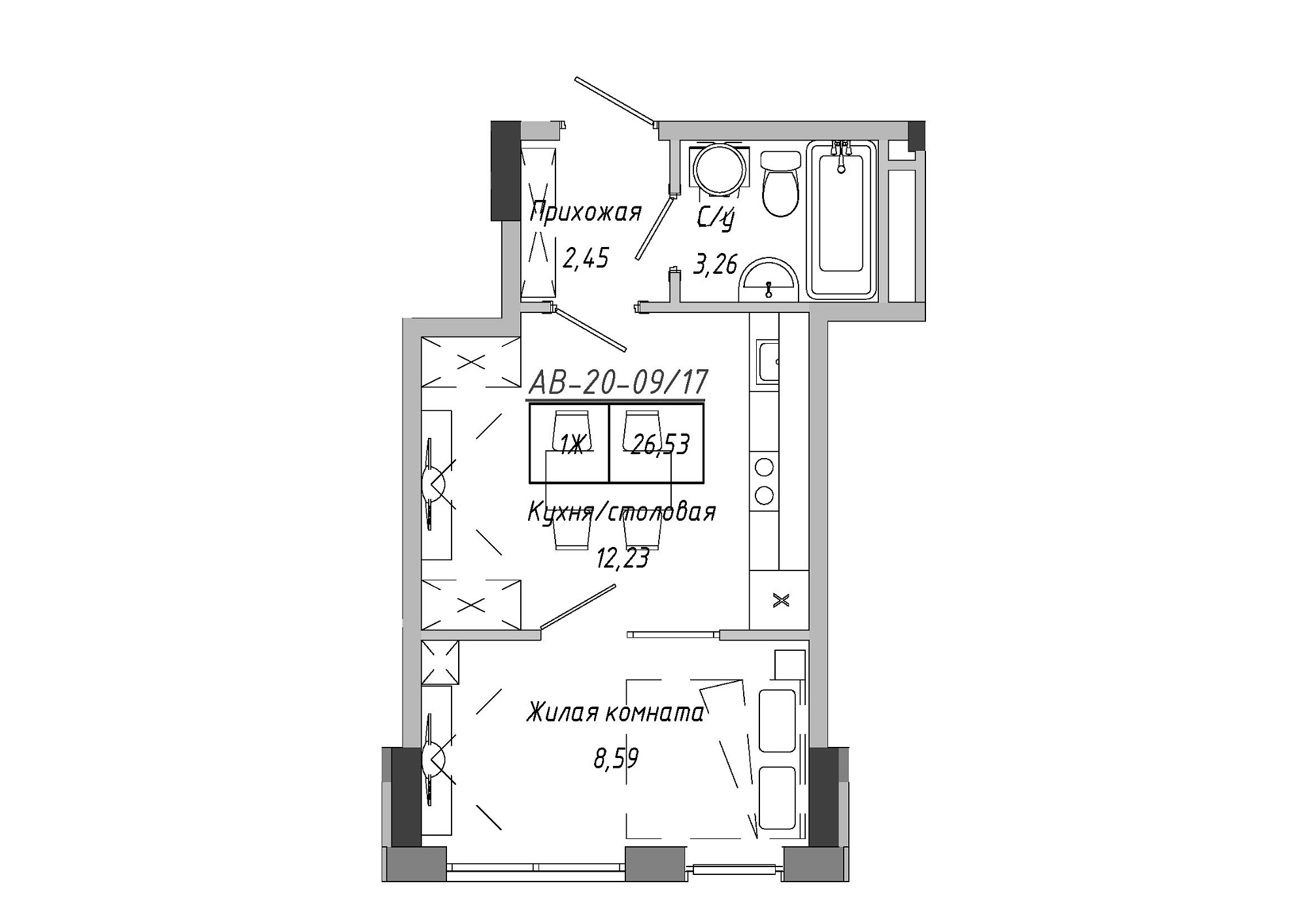 Планировка 1-к квартира площей 26.98м2, AB-20-09/00017.