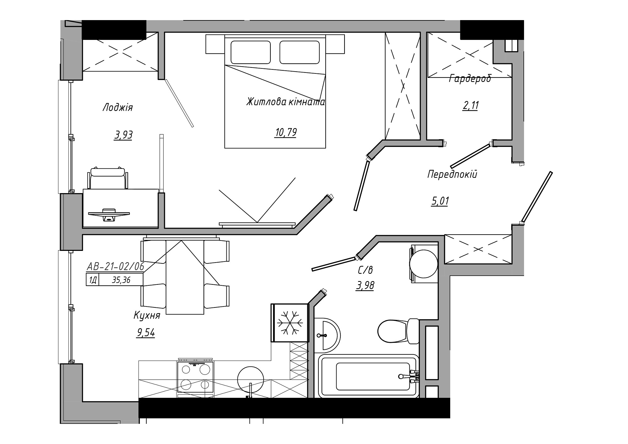Планировка 1-к квартира площей 35.36м2, AB-21-02/00006.