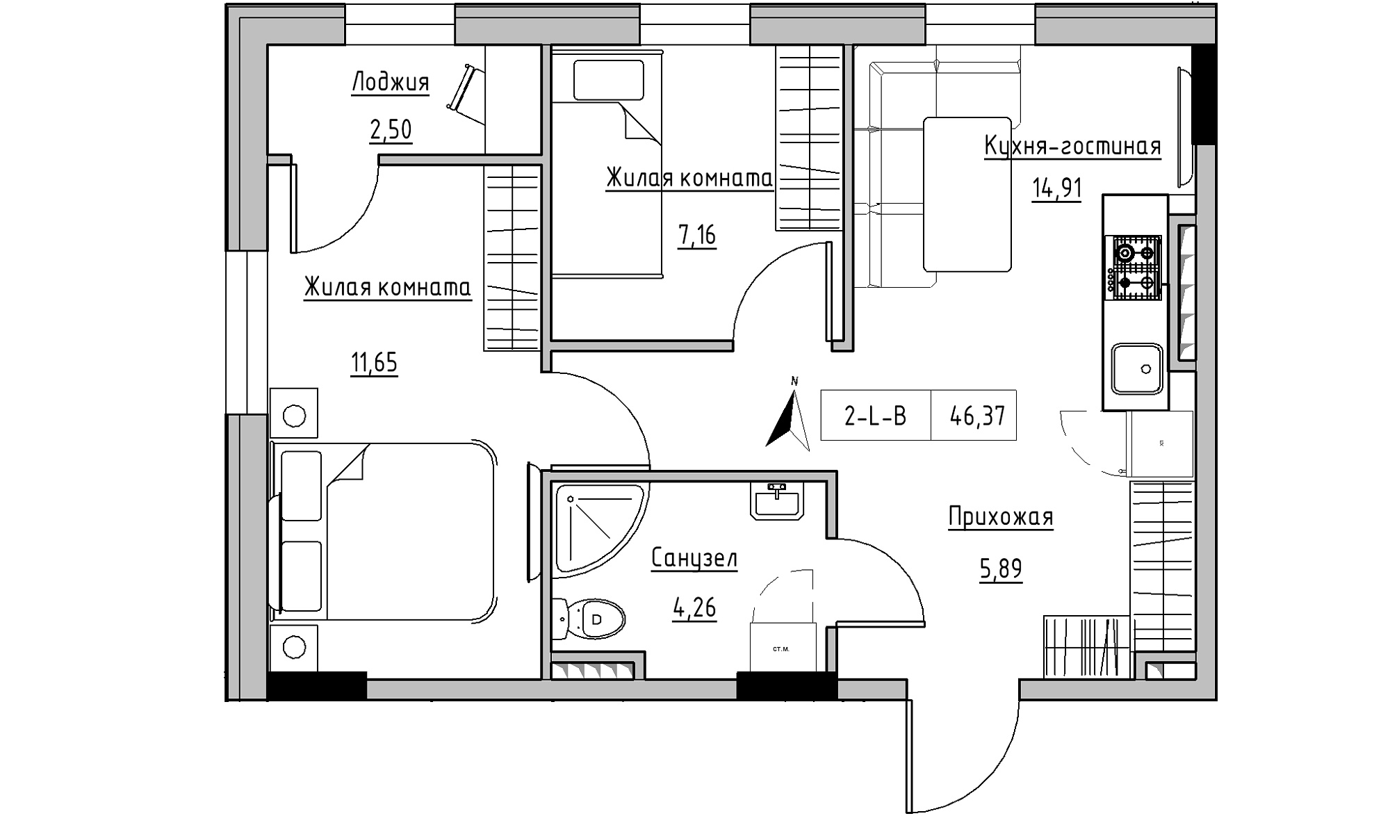 Планування 2-к квартира площею 46.37м2, KS-025-04/0006.