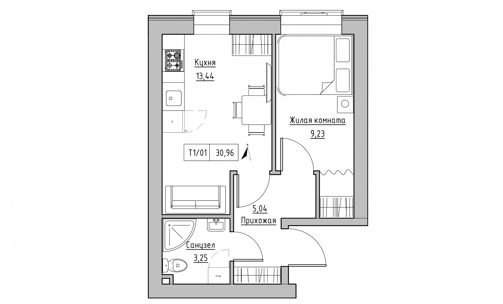 Планування 1-к квартира площею 30.96м2, KS-015-01/0013.