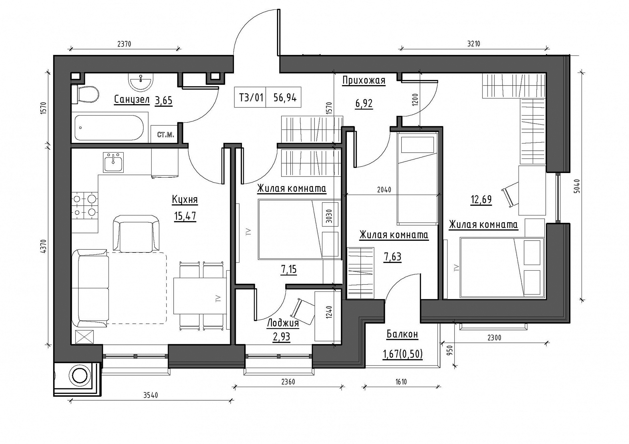 Планування 3-к квартира площею 56.94м2, KS-011-04/0008.