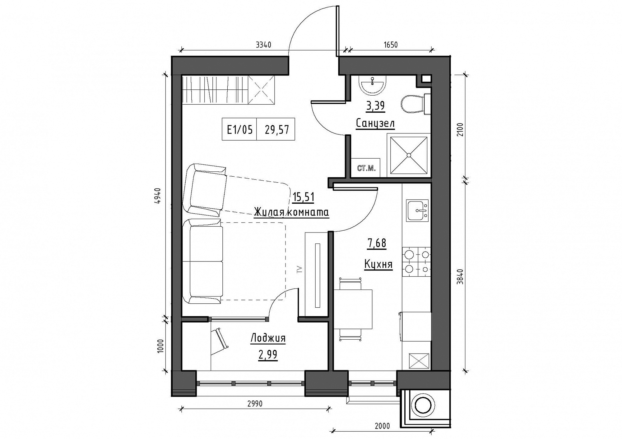 Планировка 1-к квартира площей 29.57м2, KS-012-04/0006.