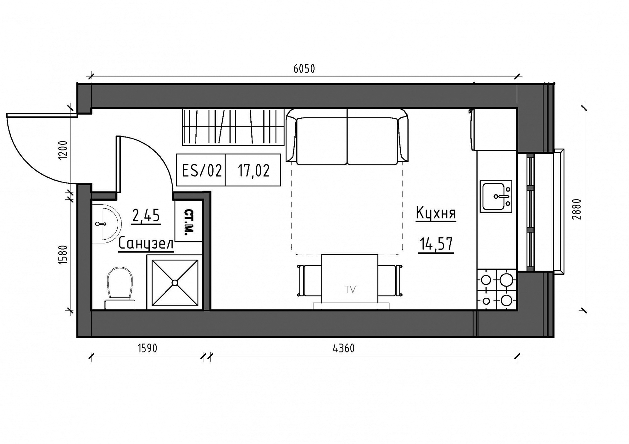 Планування Smart-квартира площею 17.02м2, KS-012-05/0017.