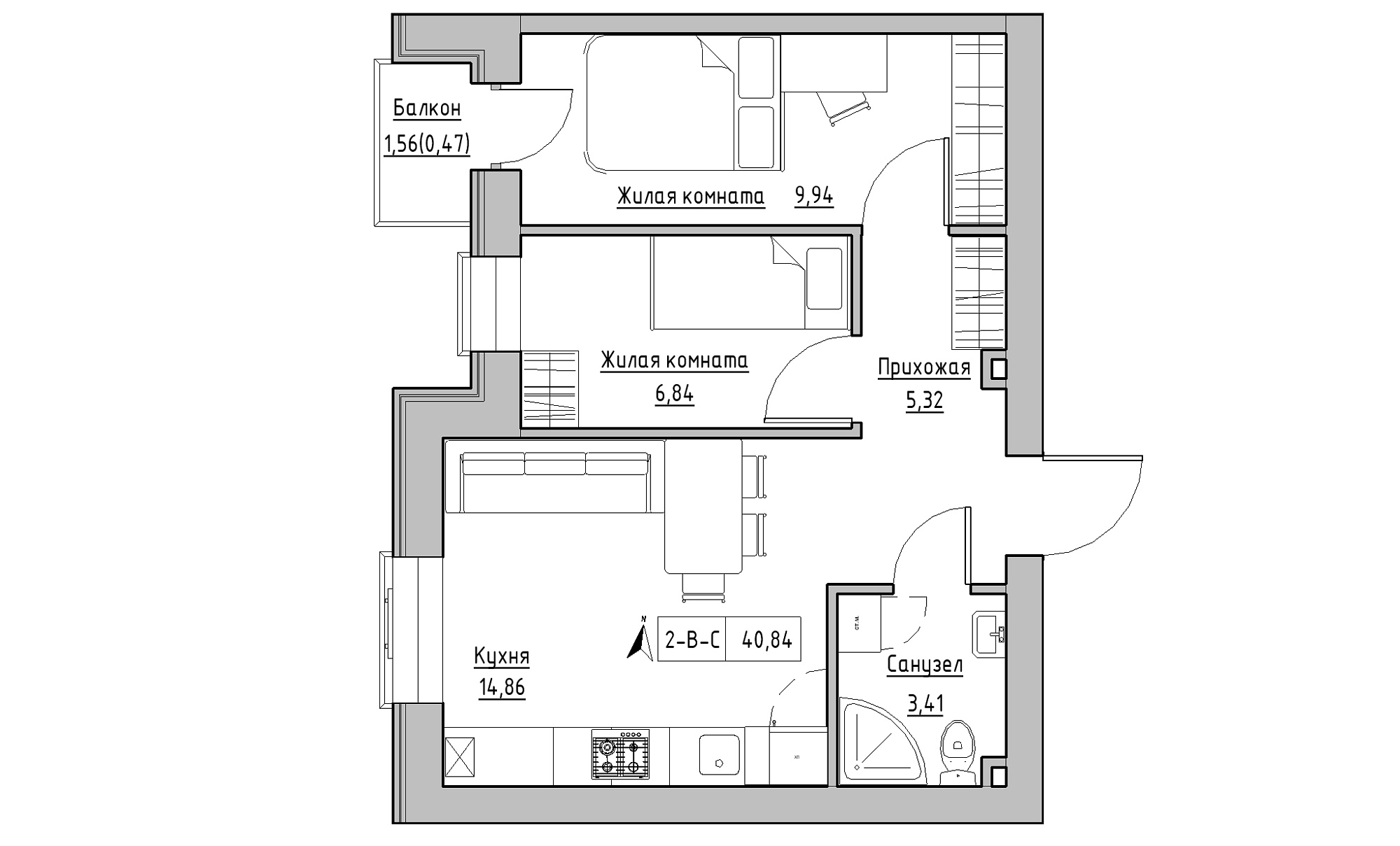 Планування 2-к квартира площею 40.84м2, KS-016-04/0010.