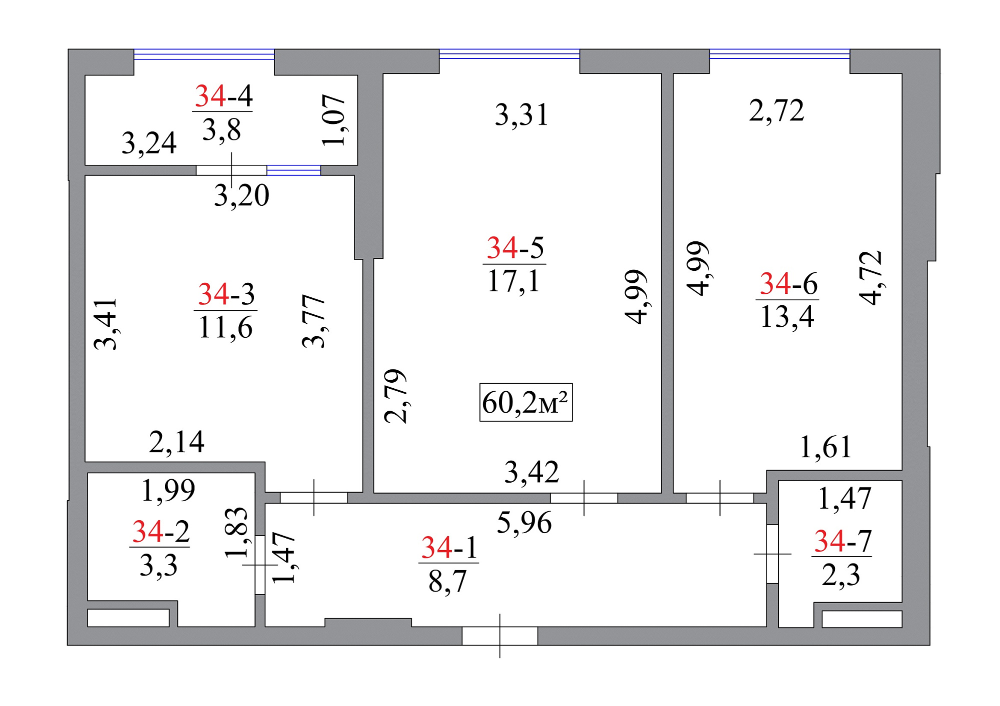 Планування 2-к квартира площею 60.2м2, AB-07-04/00031.