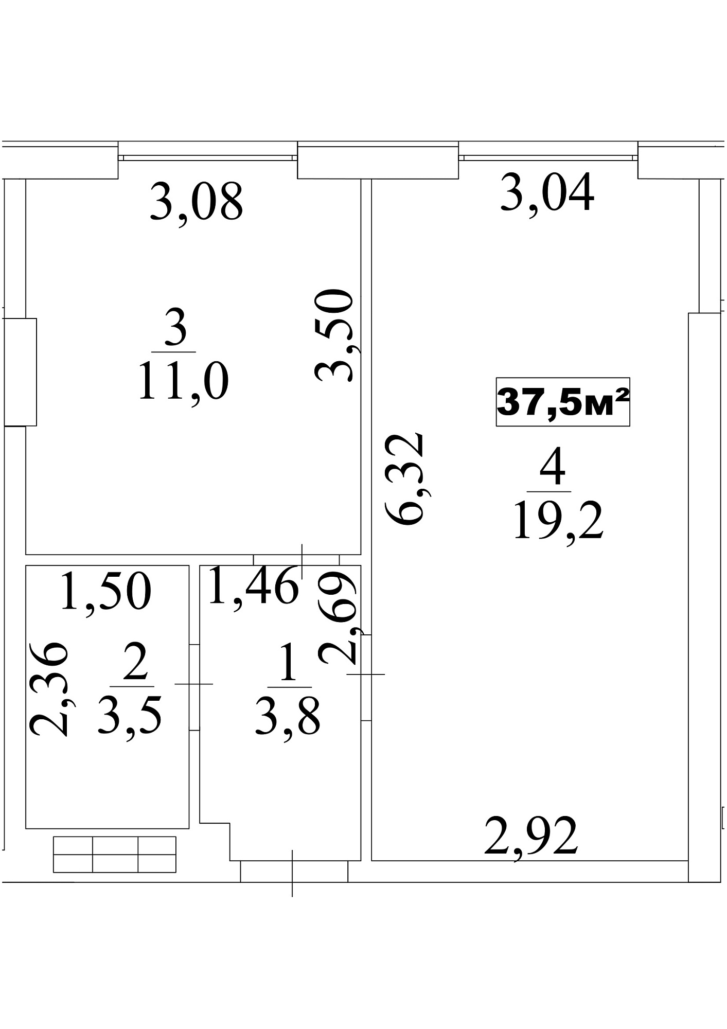 Planning 1-rm flats area 37.5m2, AB-10-06/0052а.