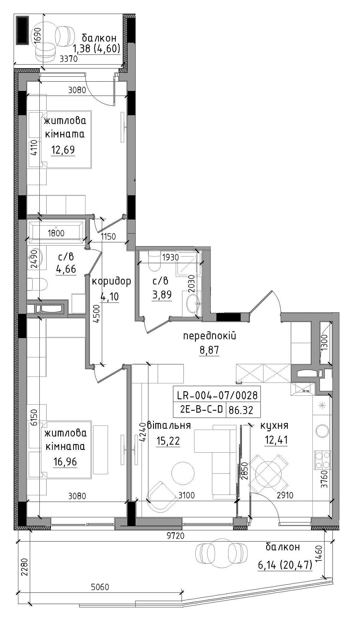 Planning 2-rm flats area 86.32m2, LR-004-07/0028.