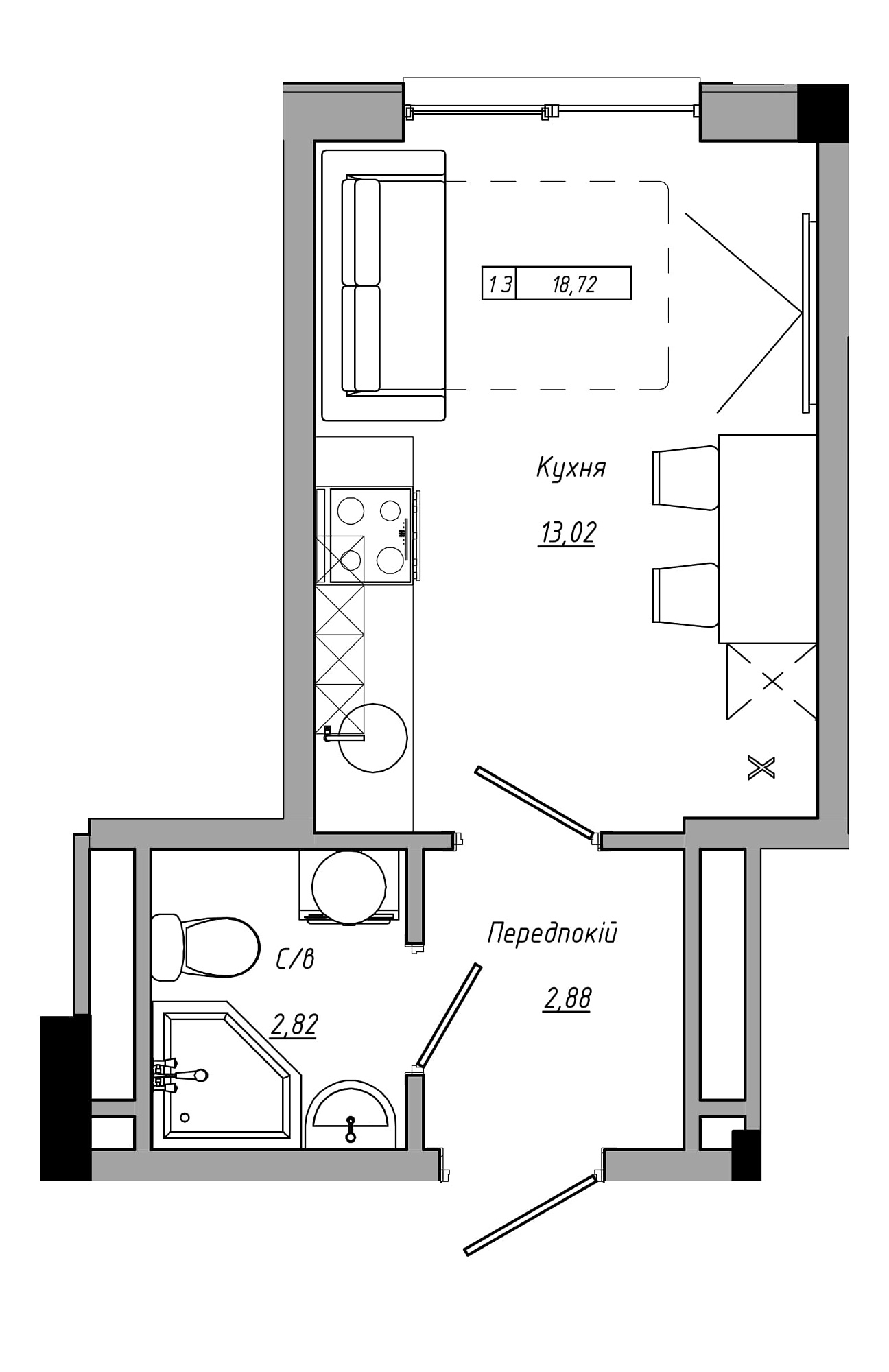 Планування Smart-квартира площею 18.72м2, AB-21-09/00011.