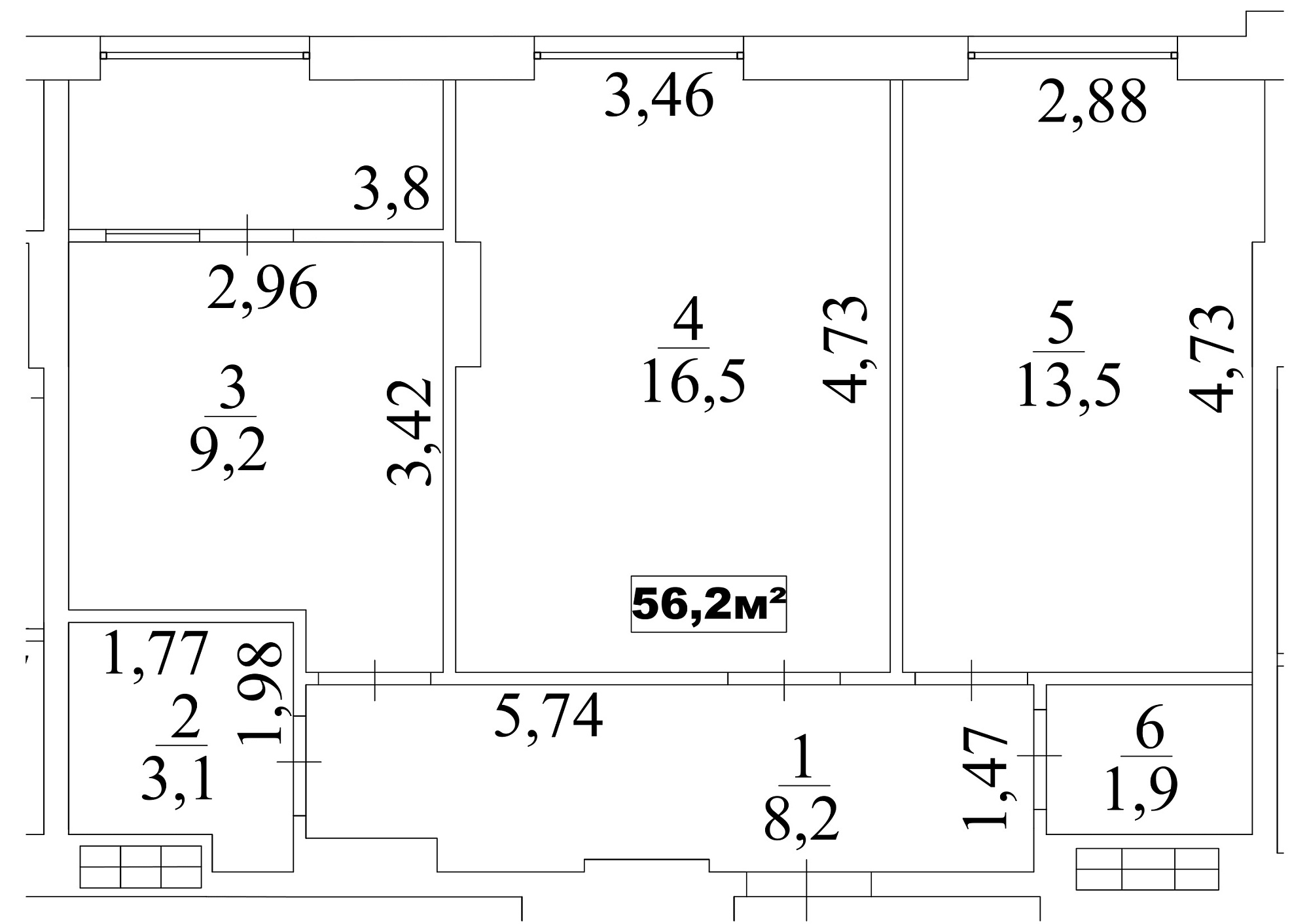 Планировка 2-к квартира площей 56.2м2, AB-10-03/00022.
