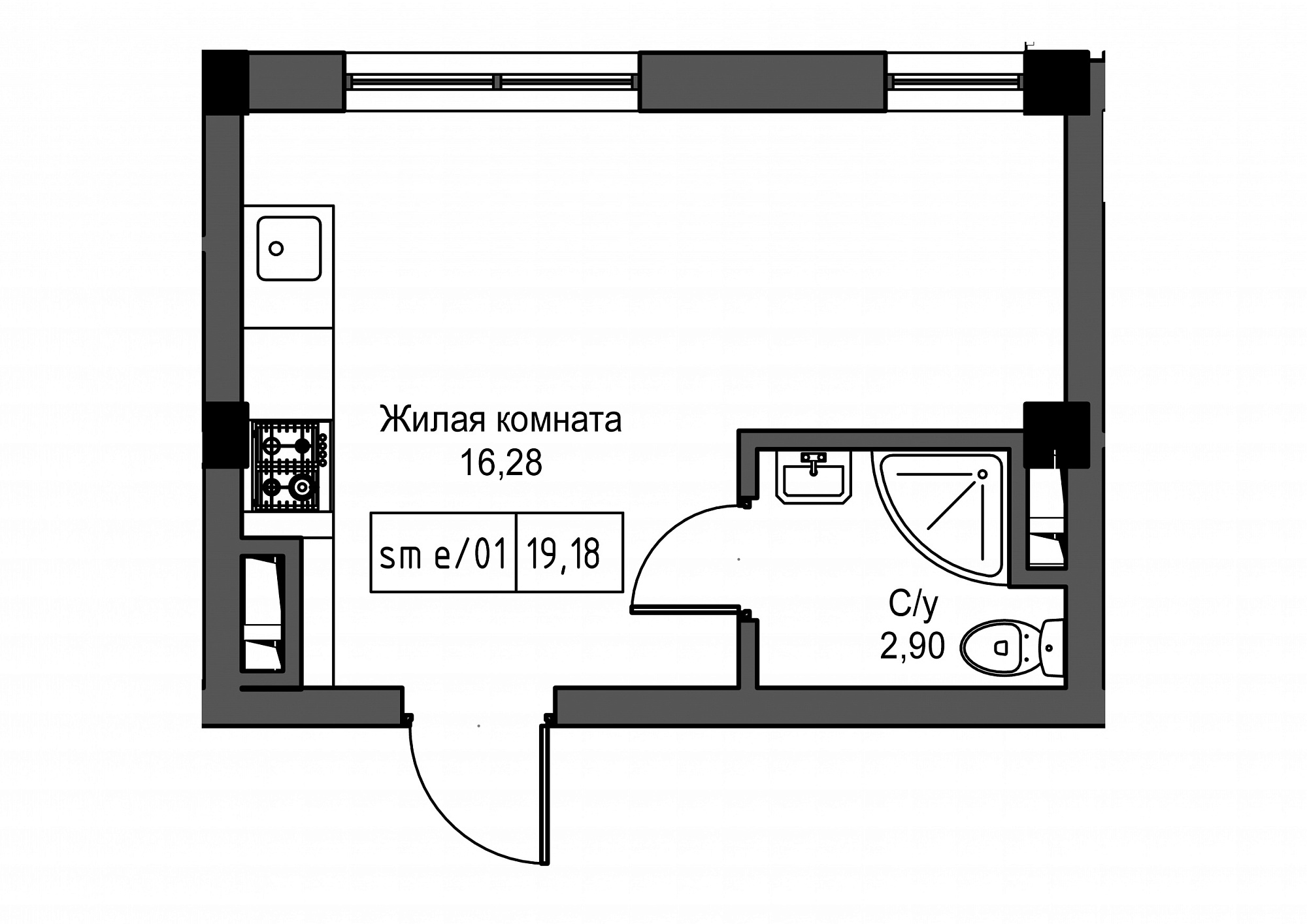 Планування Smart-квартира площею 19.18м2, UM-002-02/0101.
