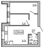 Планировка 2-к квартира площей 40.59м2, KS-008-02/0010.