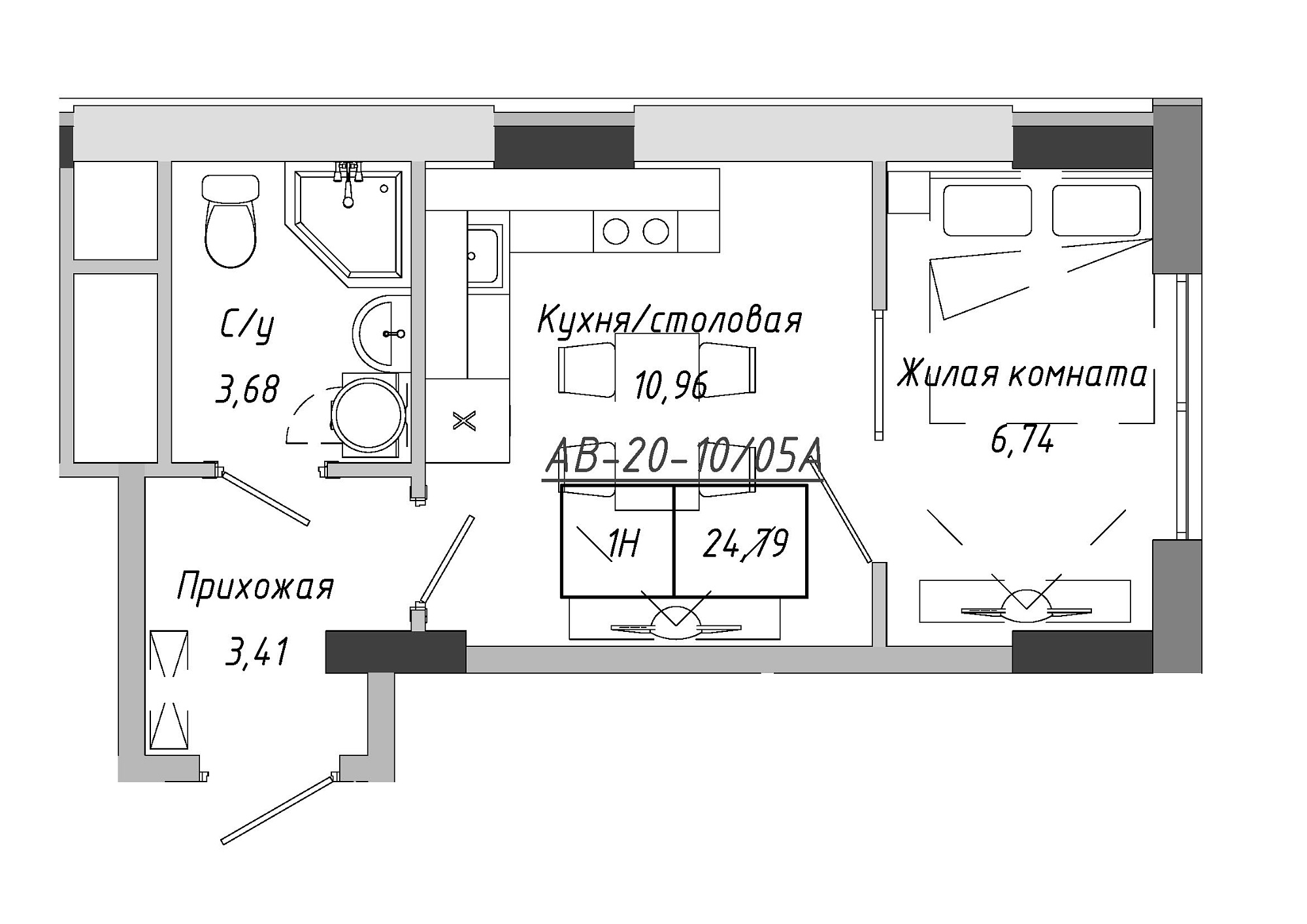 Planning 1-rm flats area 24.41m2, AB-20-10/0005а.