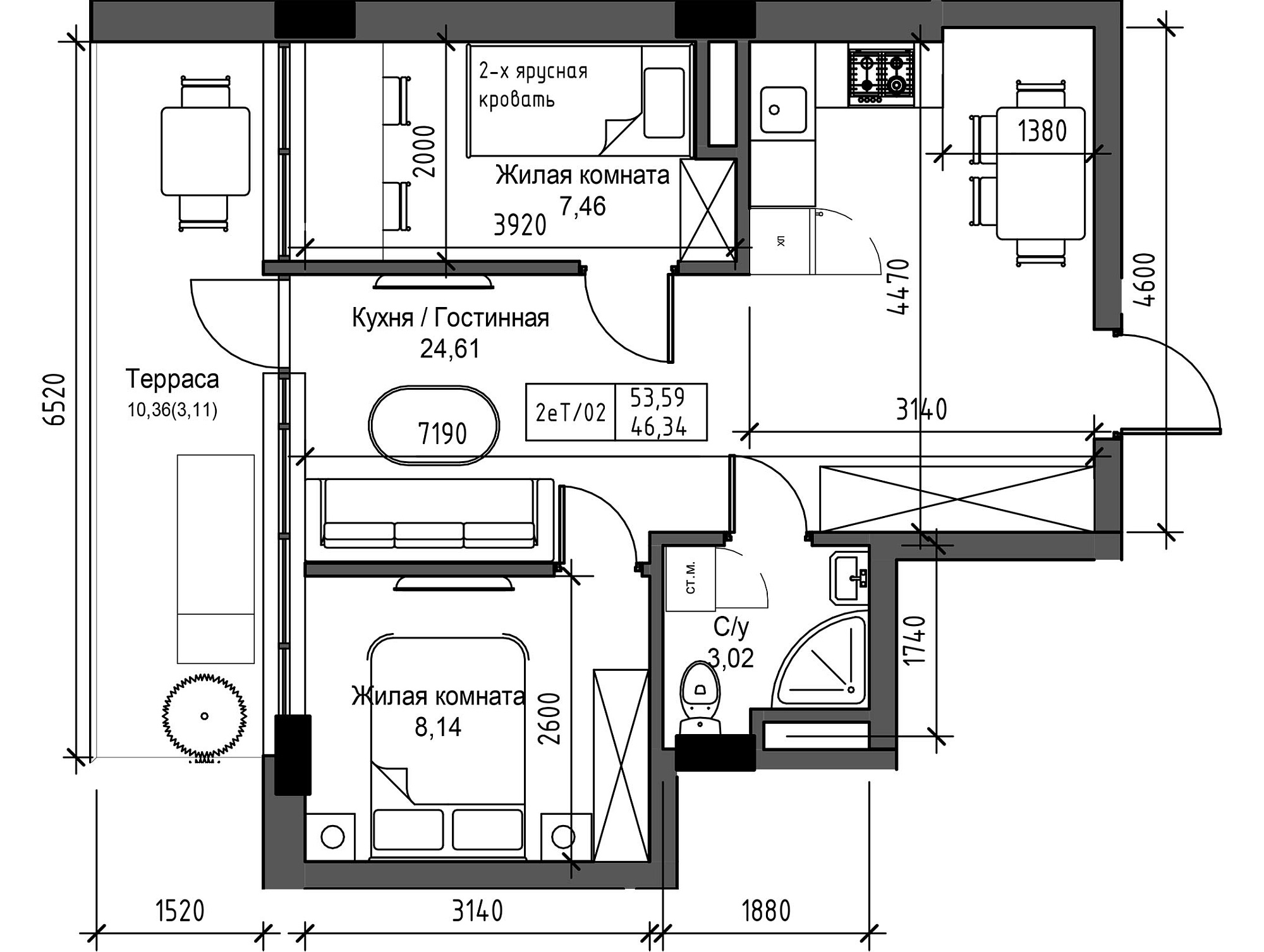 Планировка 2-к квартира площей 43.32м2, UM-003-11/0118.