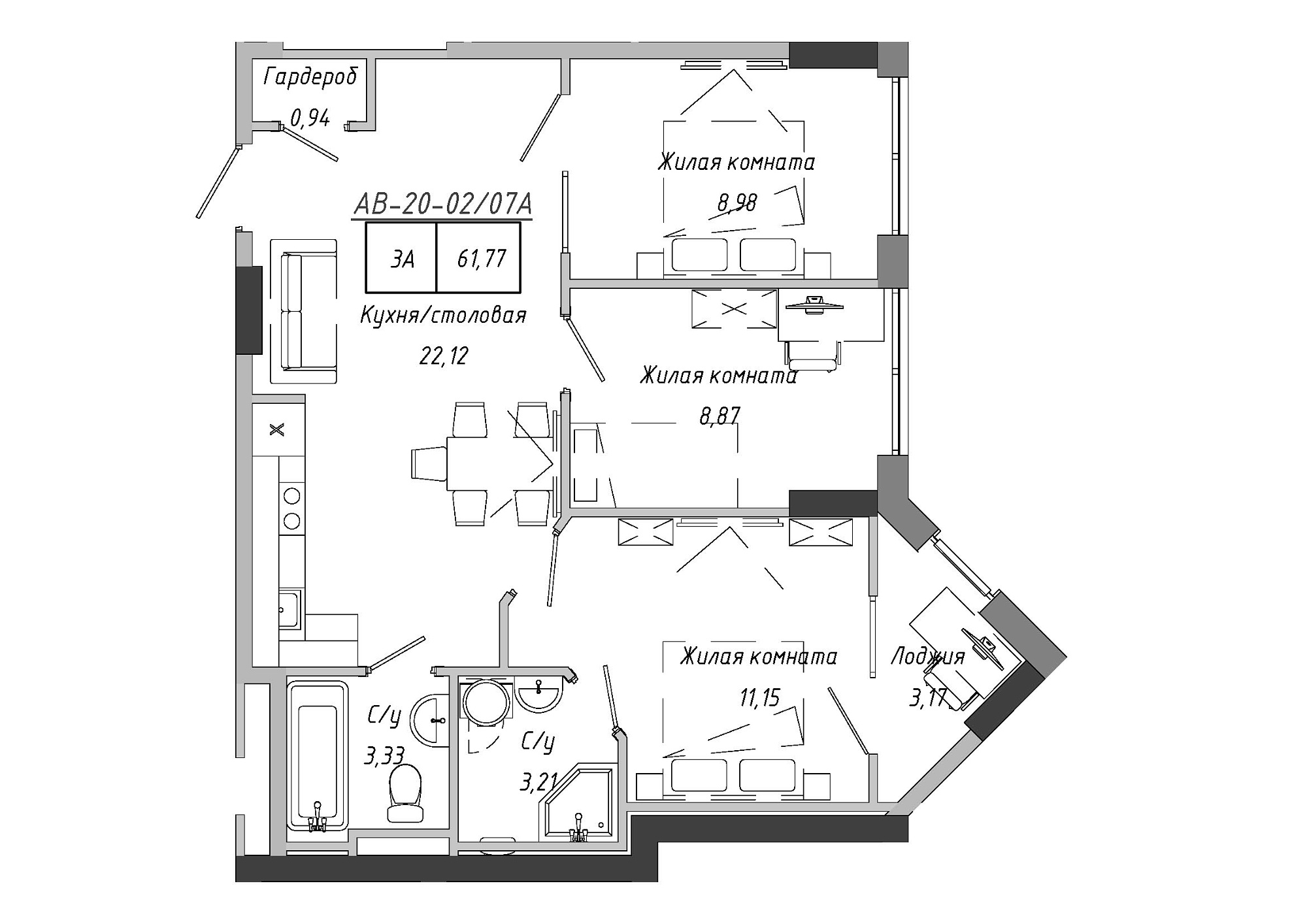 Планування 3-к квартира площею 61.77м2, AB-20-02/0007а.