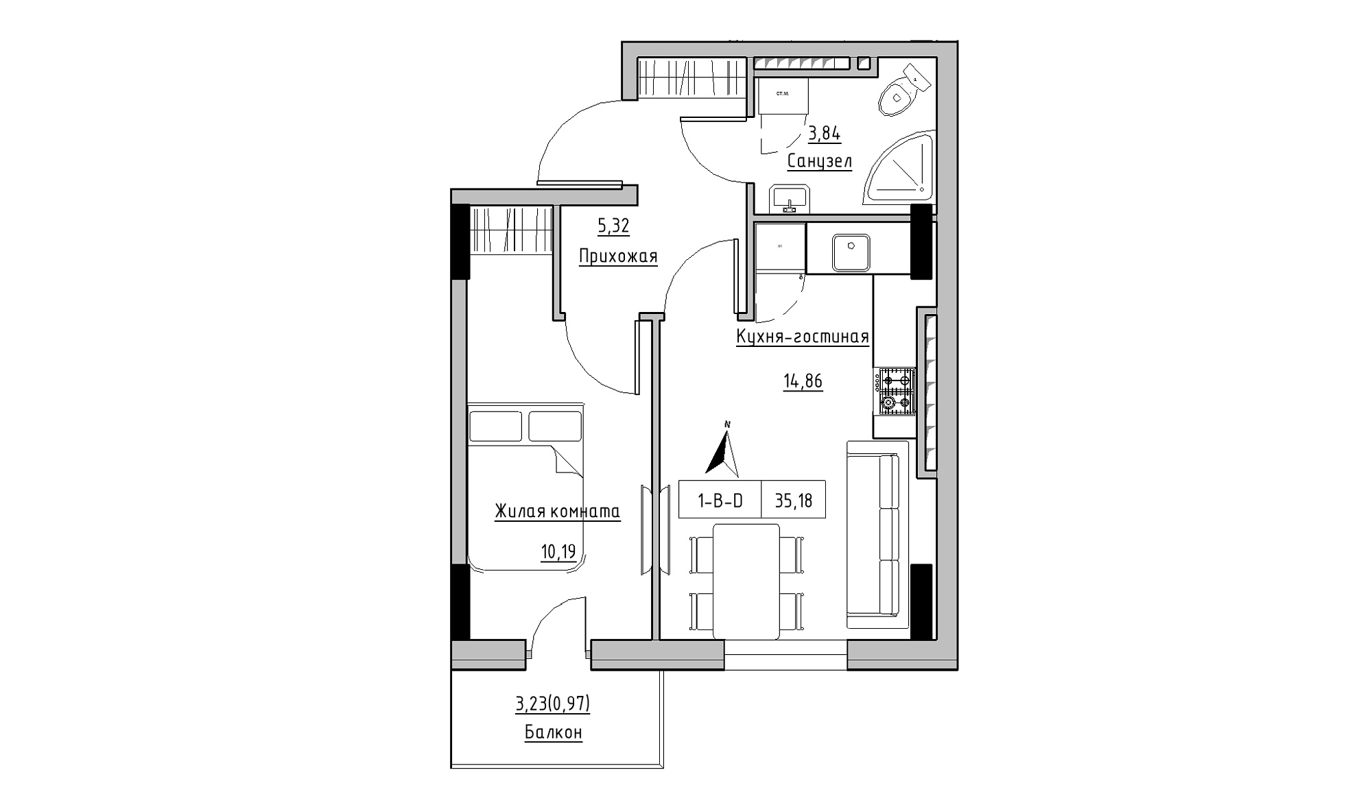 Планировка 1-к квартира площей 35.18м2, KS-025-06/0012.
