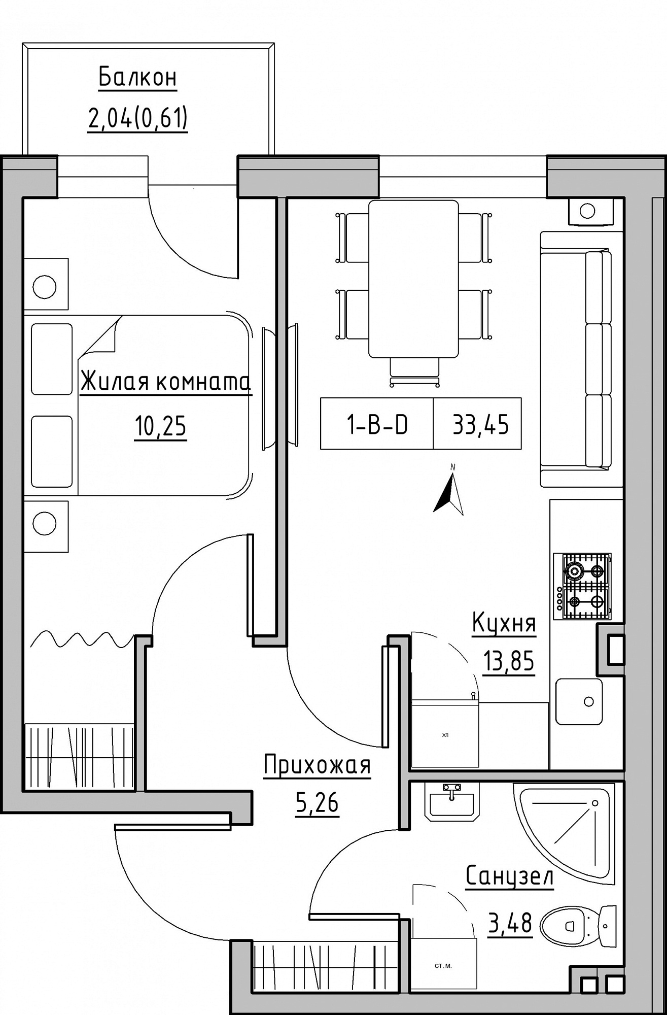 Планування 1-к квартира площею 33.45м2, KS-024-03/0003.