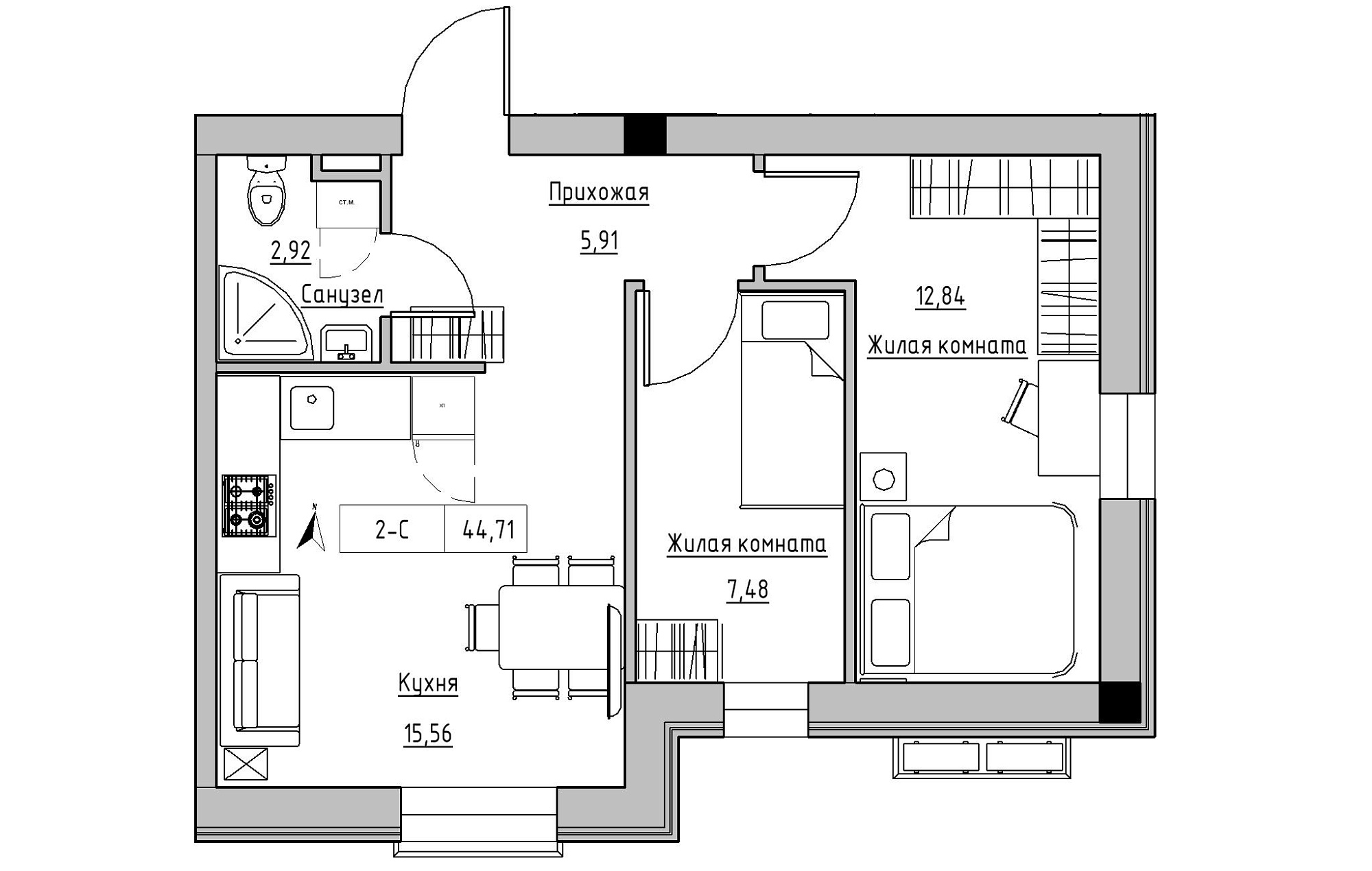 Планування 2-к квартира площею 44.71м2, KS-019-01/0008.