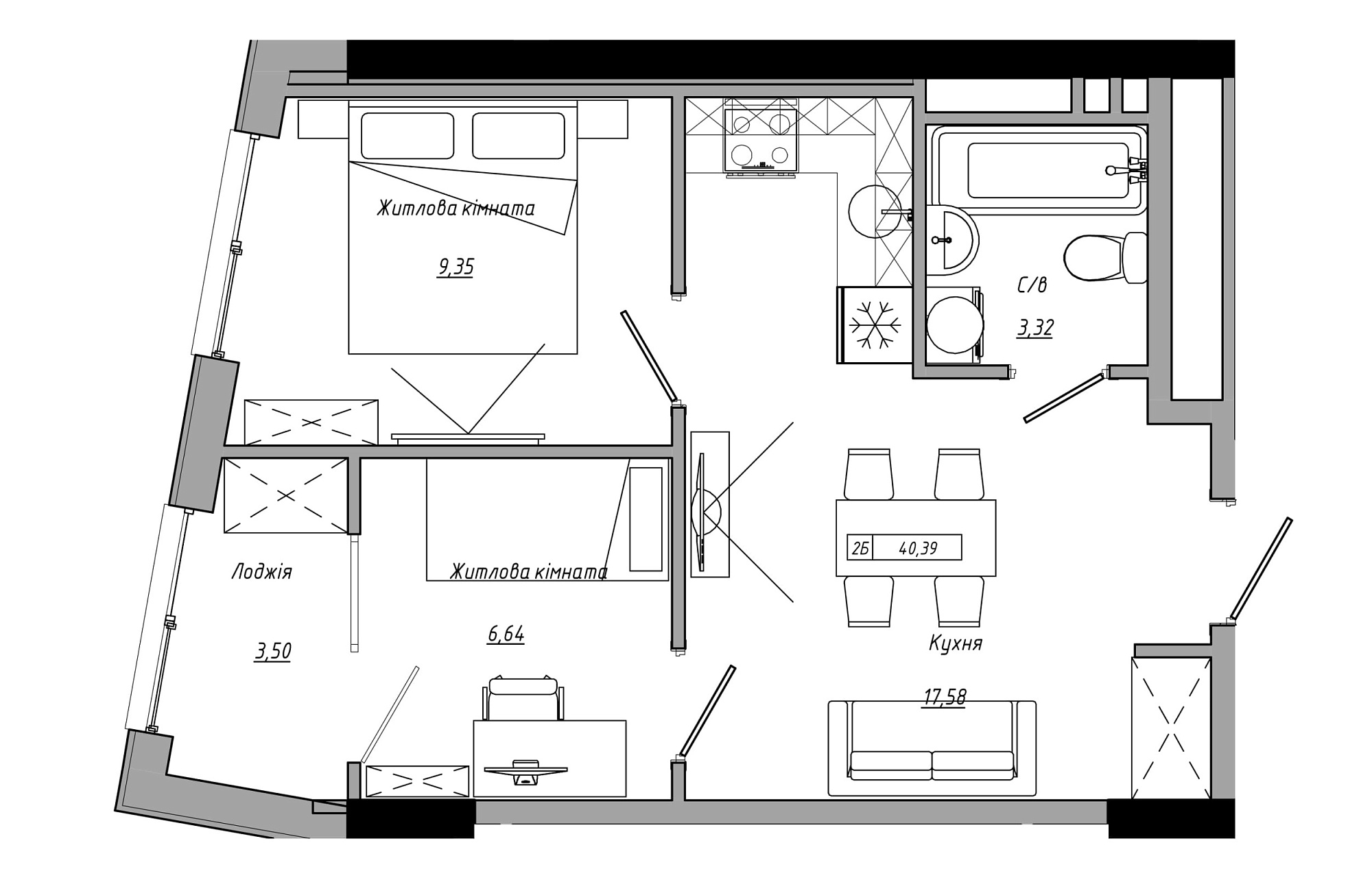 Планировка 2-к квартира площей 40.39м2, AB-21-05/00007.