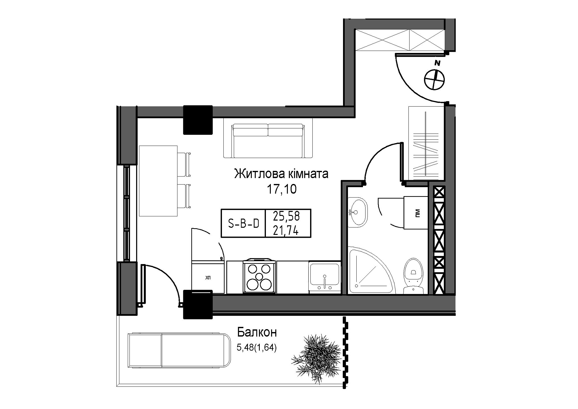 Планування Smart-квартира площею 21.74м2, UM-007-05/0010.