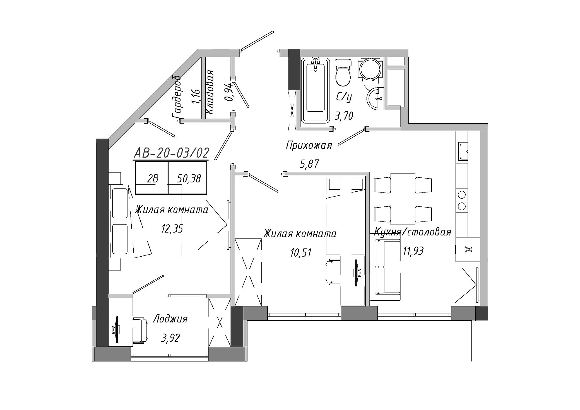 Планування 2-к квартира площею 50.38м2, AB-20-03/00002.