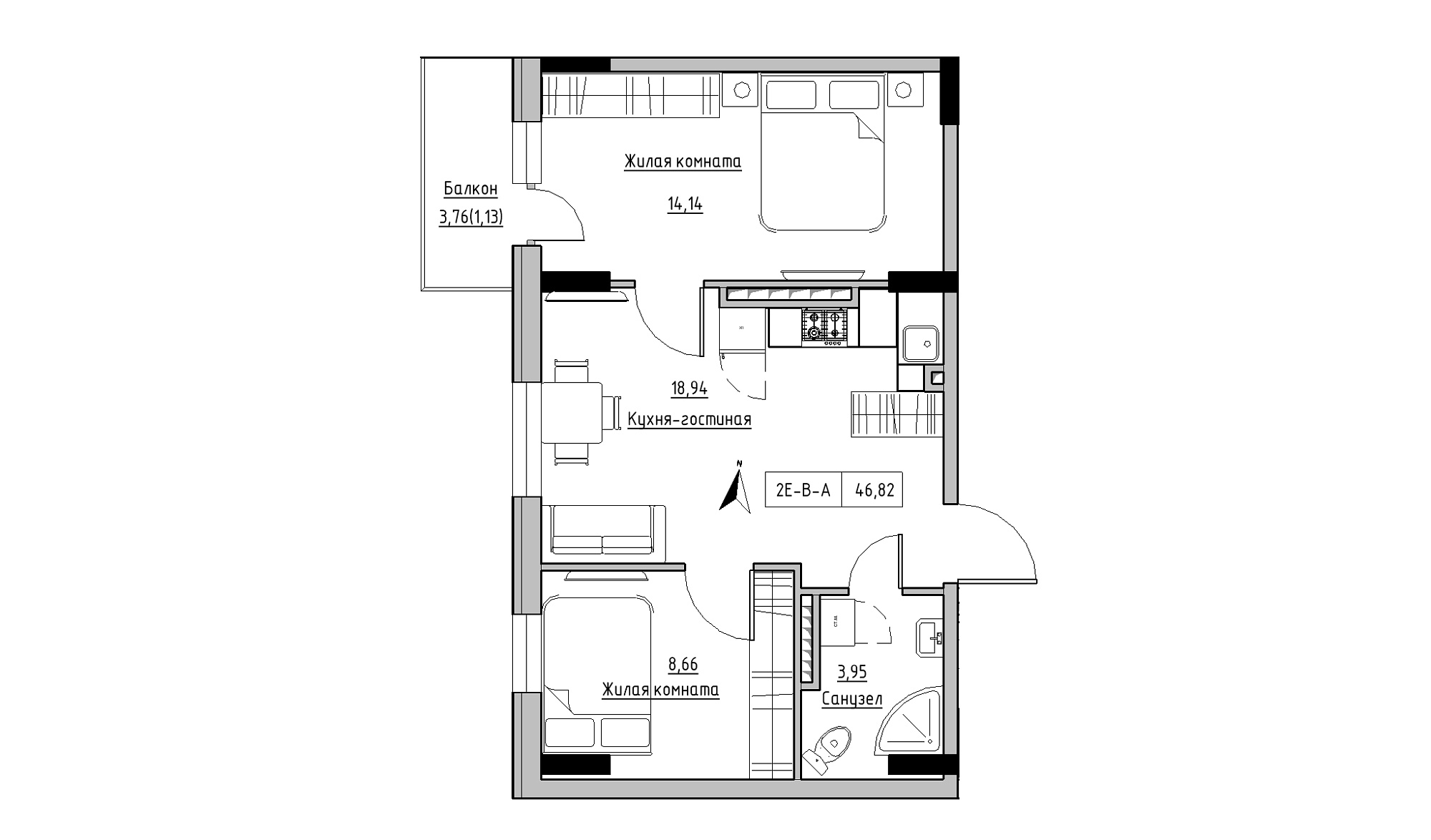 Планировка 2-к квартира площей 46.82м2, KS-025-05/0003.