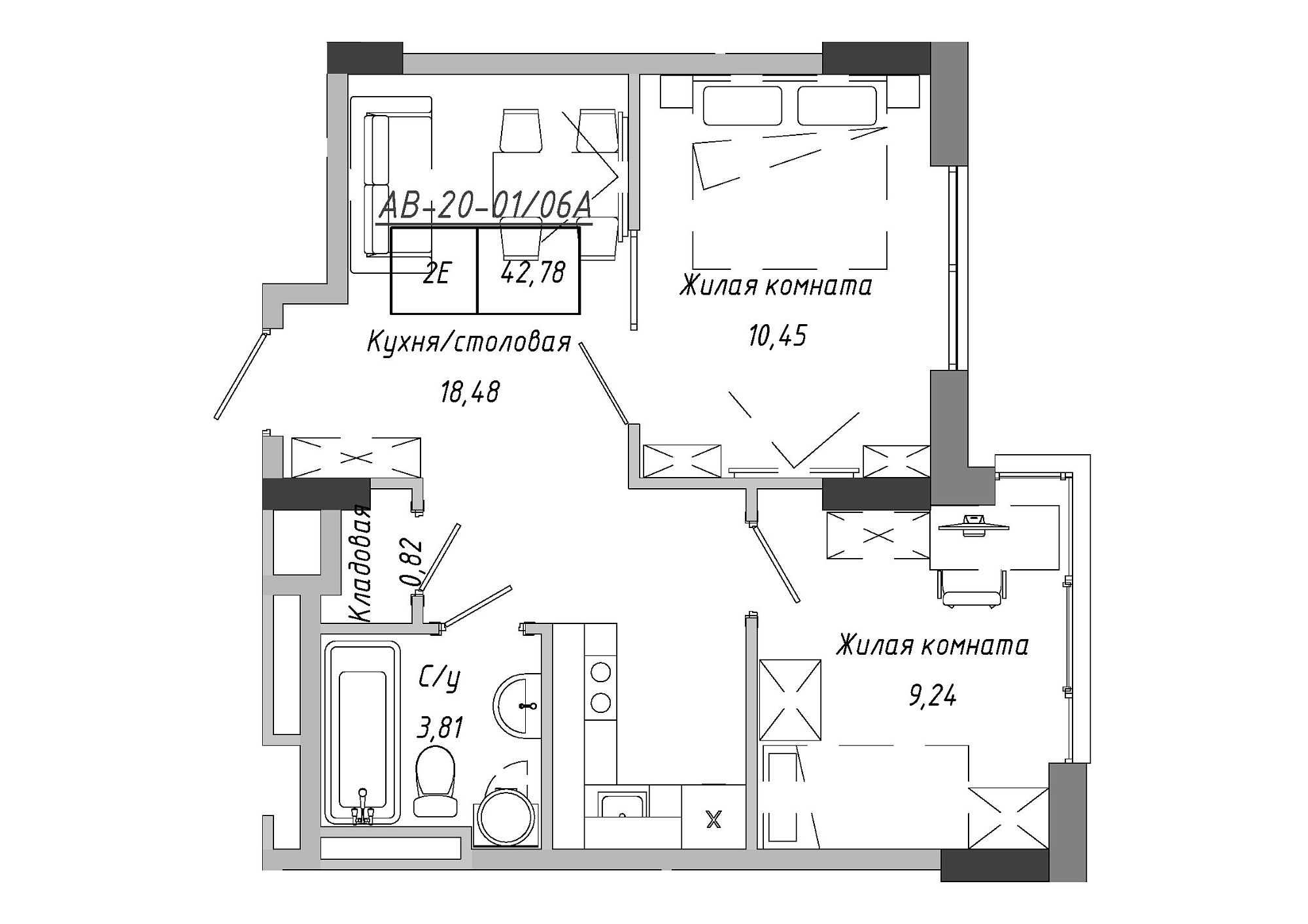 Planning 2-rm flats area 42.78m2, AB-20-01/0006а.