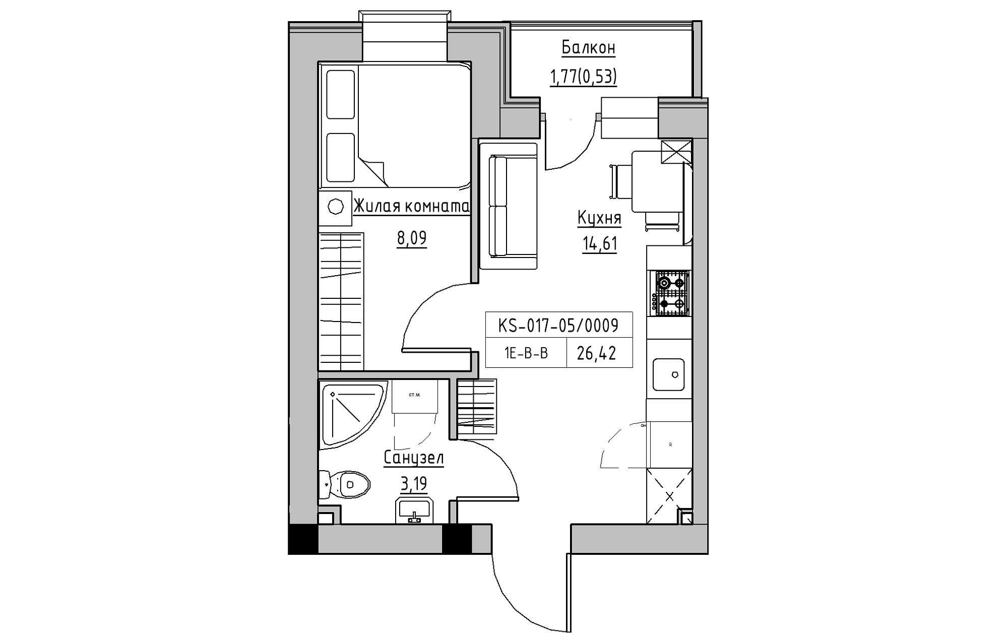 Планировка 1-к квартира площей 26.42м2, KS-017-05/0009.
