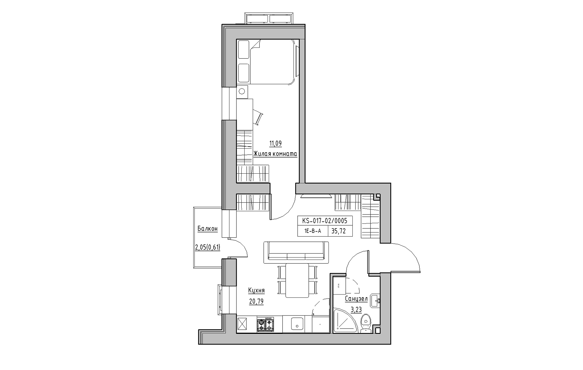 Планування 1-к квартира площею 35.72м2, KS-017-02/0005.