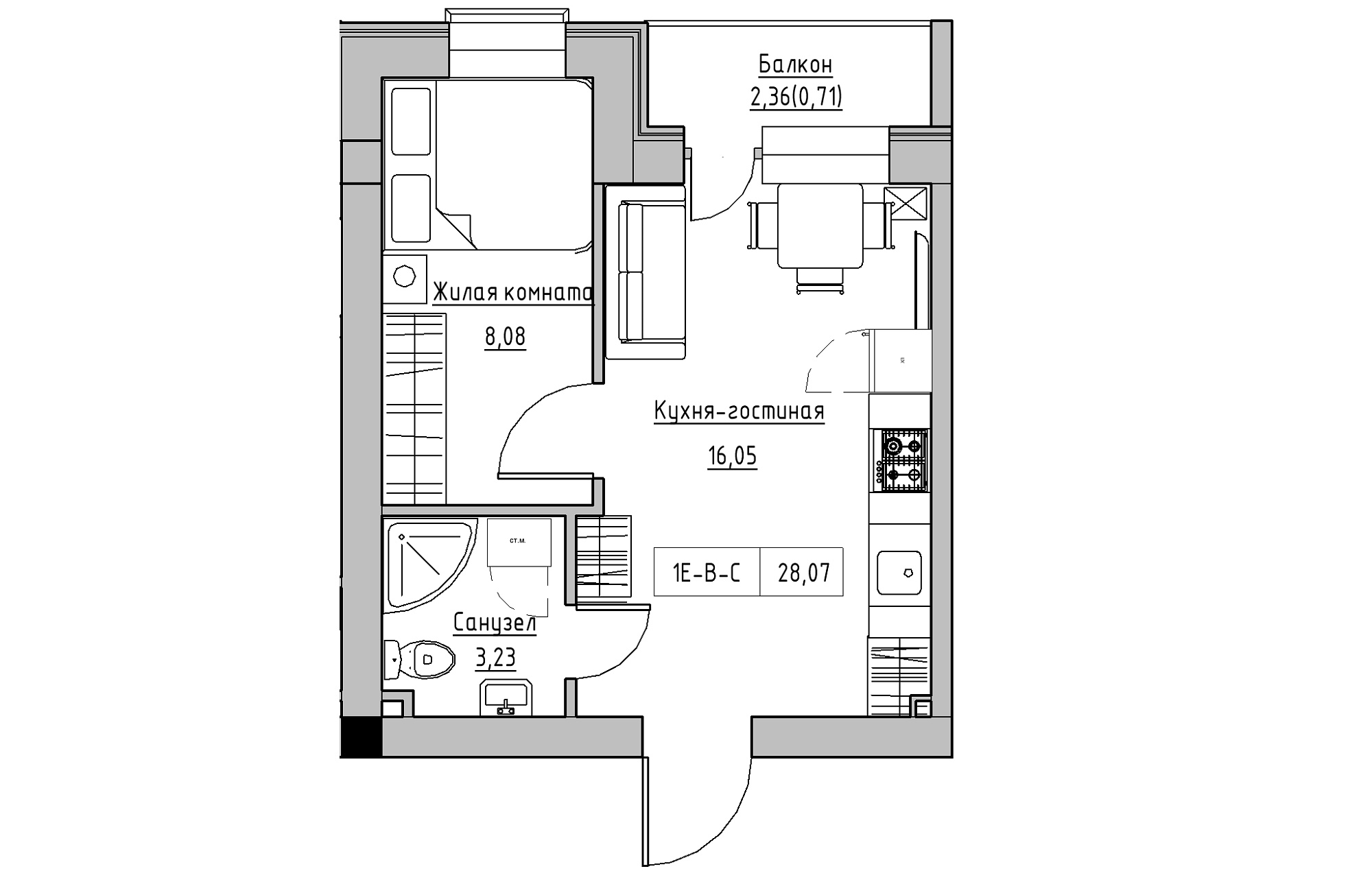 Планировка 1-к квартира площей 28.07м2, KS-018-05/0007.