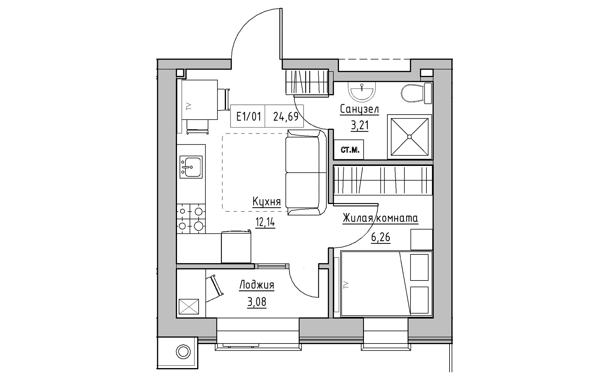 Планировка 1-к квартира площей 24.69м2, KS-013-01/0012.