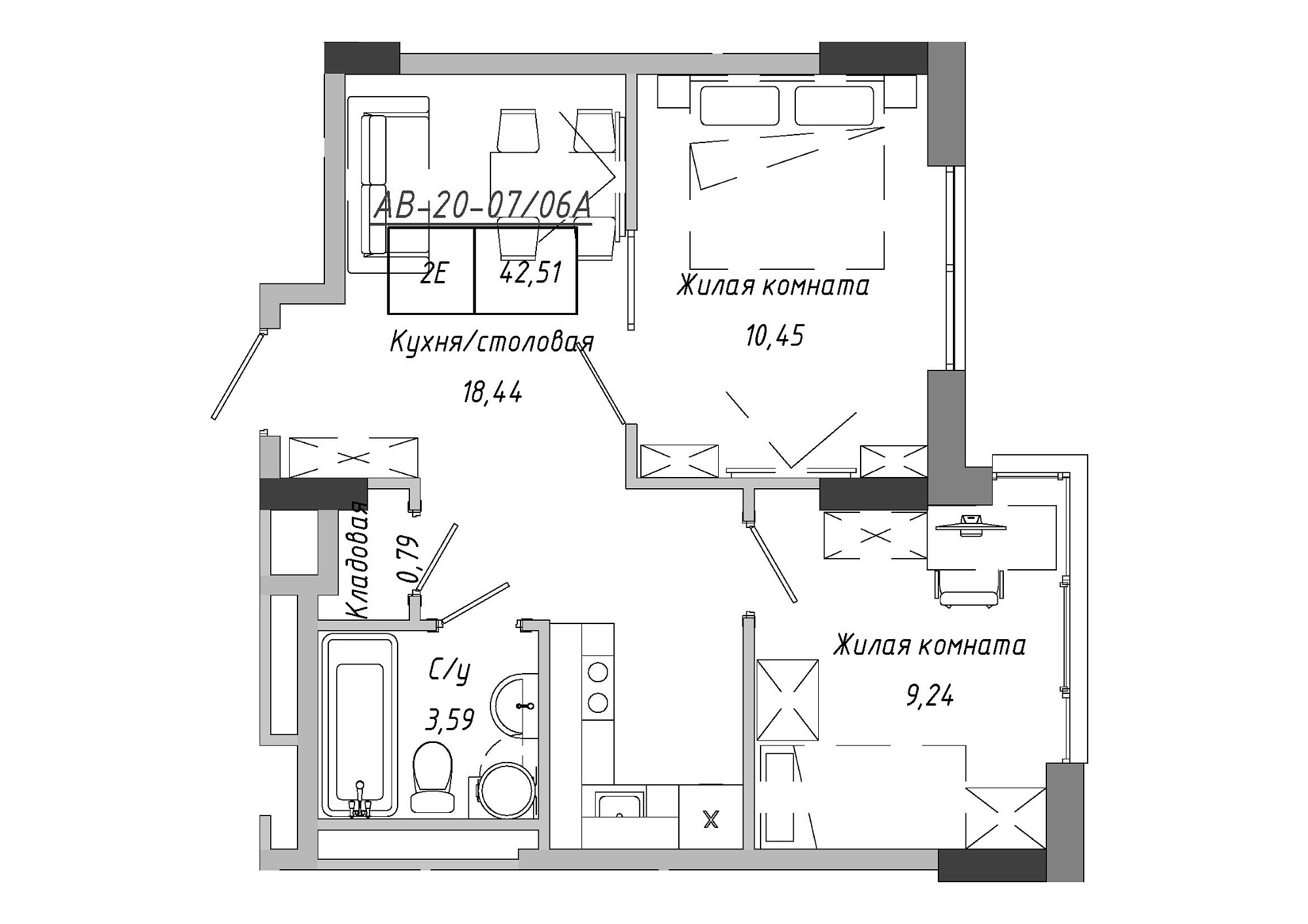 Planning 2-rm flats area 42.85m2, AB-20-07/0006а.