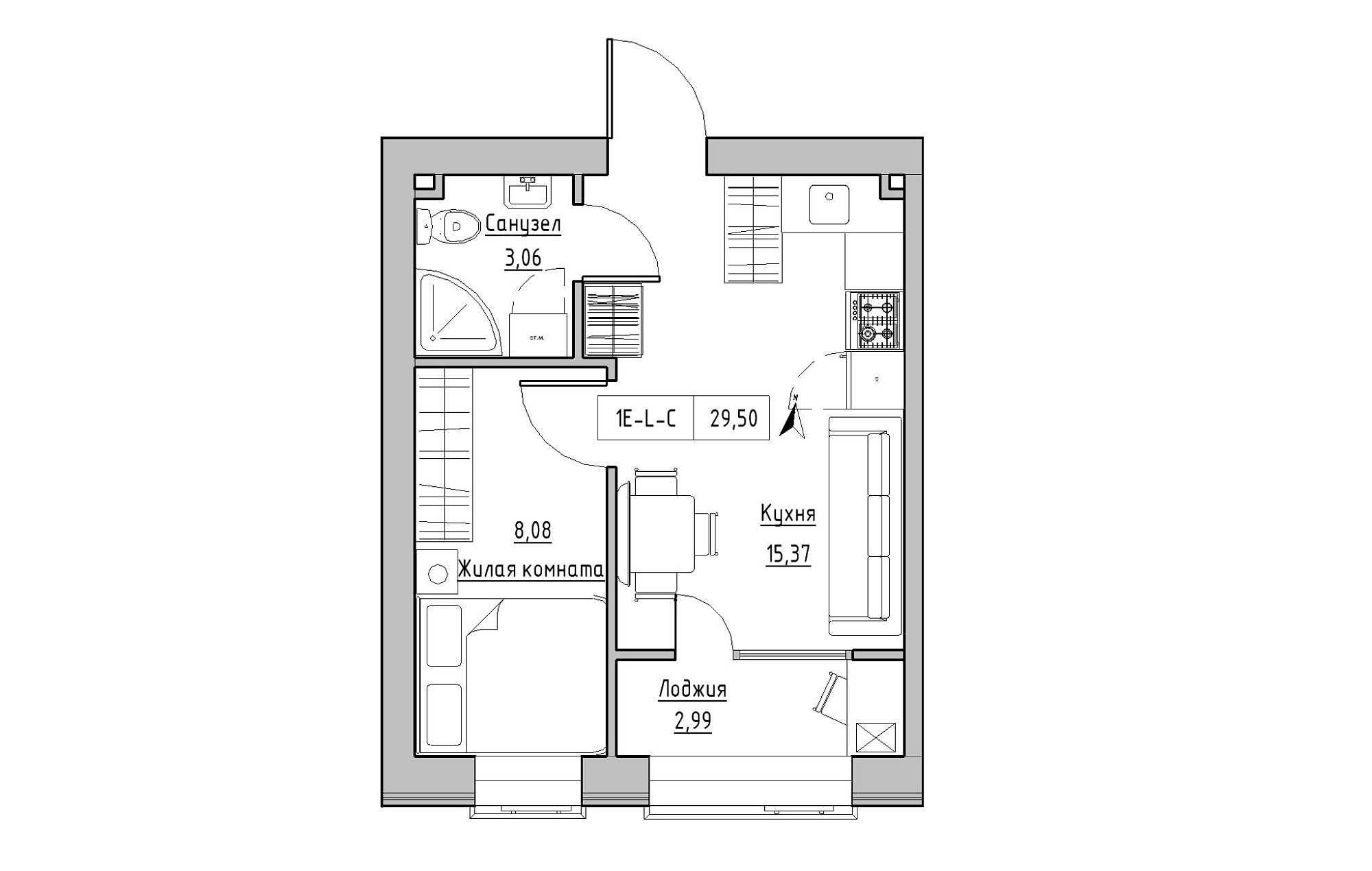 Планування 1-к квартира площею 29.5м2, KS-019-01/0010.