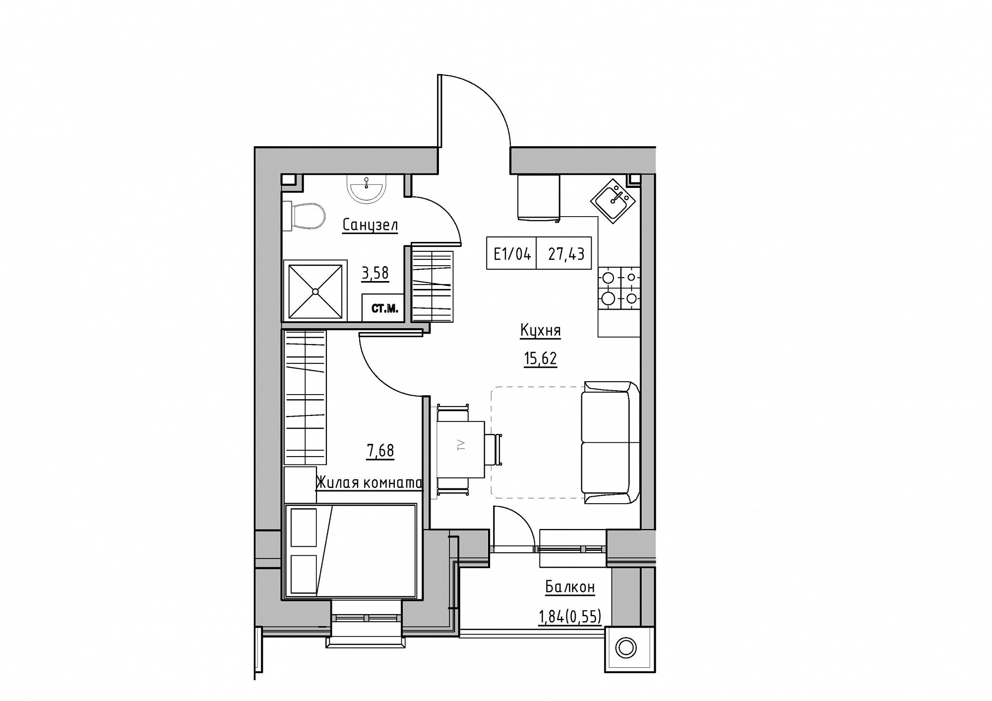 Планировка 1-к квартира площей 27.43м2, KS-011-05/0012.