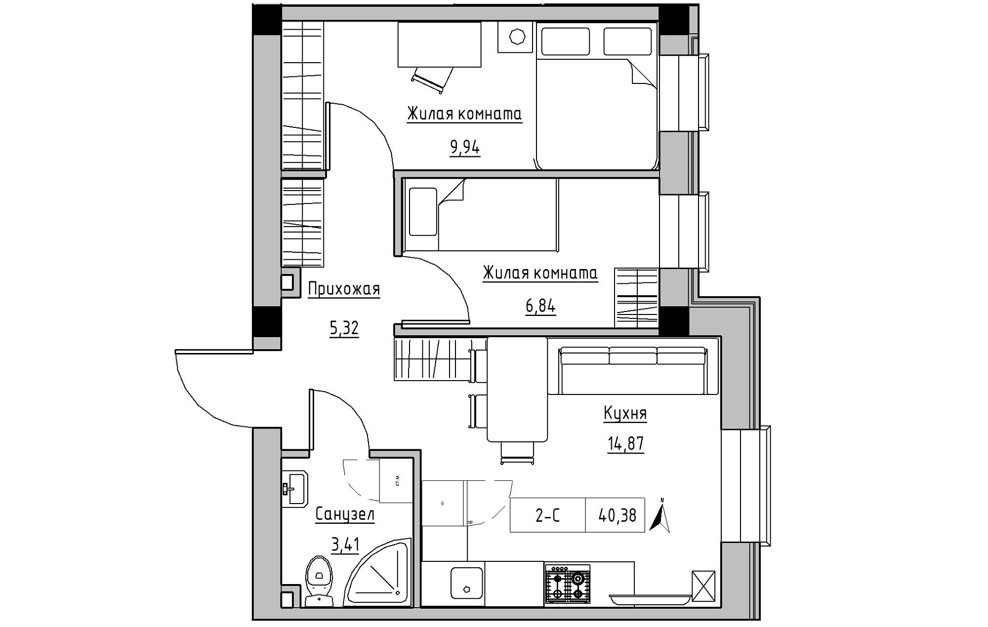 Planning 2-rm flats area 40.38m2, KS-019-01/0006.