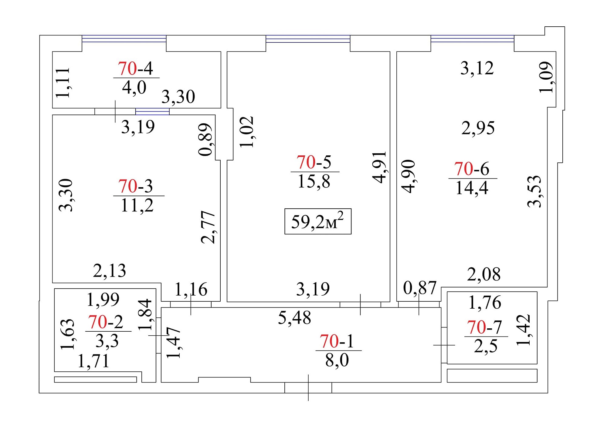 Планування 2-к квартира площею 59.2м2, AB-01-08/00066.