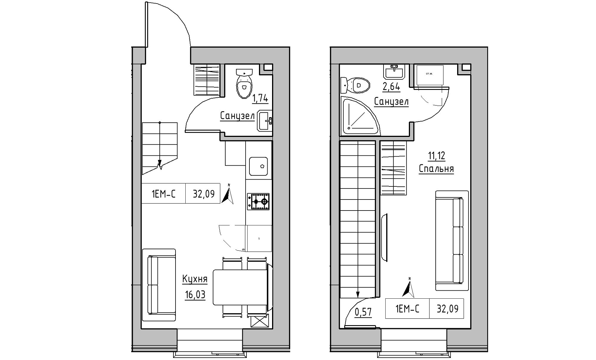 Planning 2-lvl flats area 24.96m2, KS-023-03/0012.