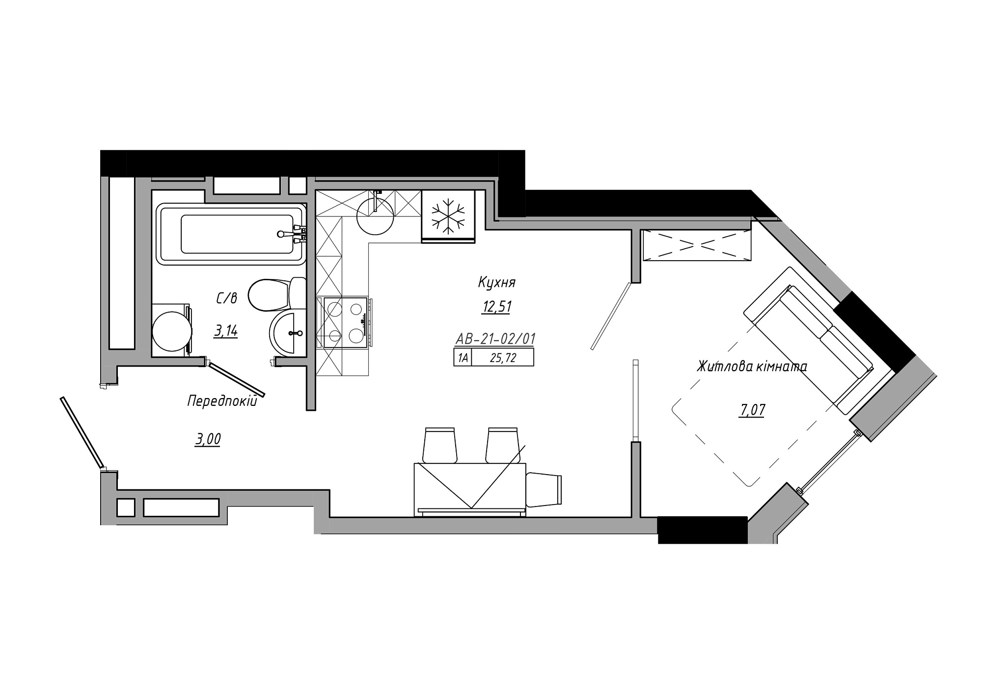 Планування 1-к квартира площею 25.72м2, AB-21-02/00001.