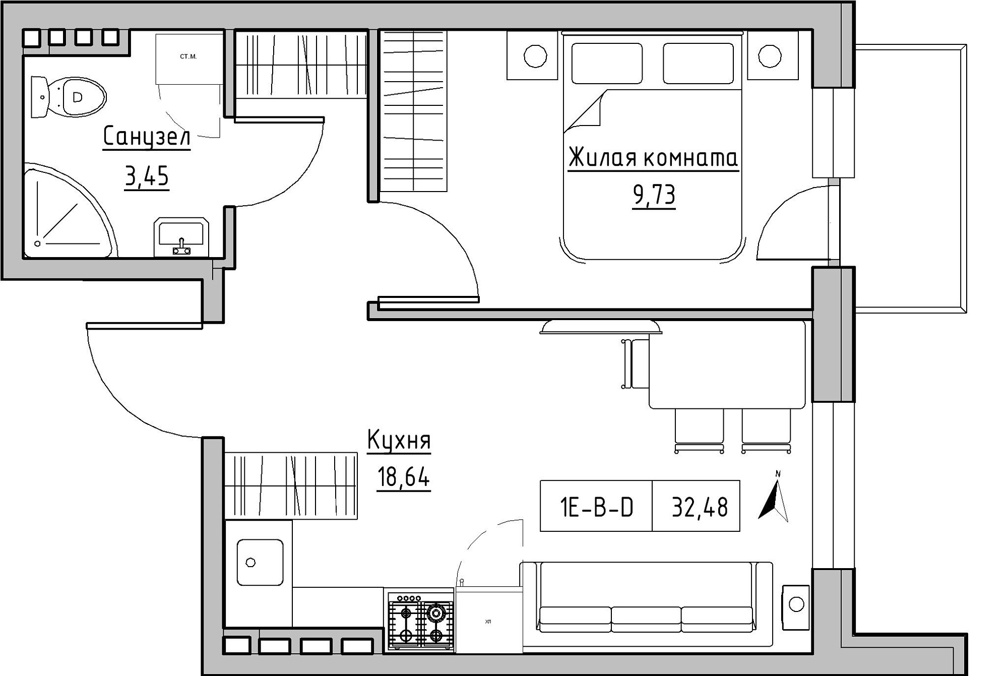 Планировка 1-к квартира площей 32.48м2, KS-024-03/0015.