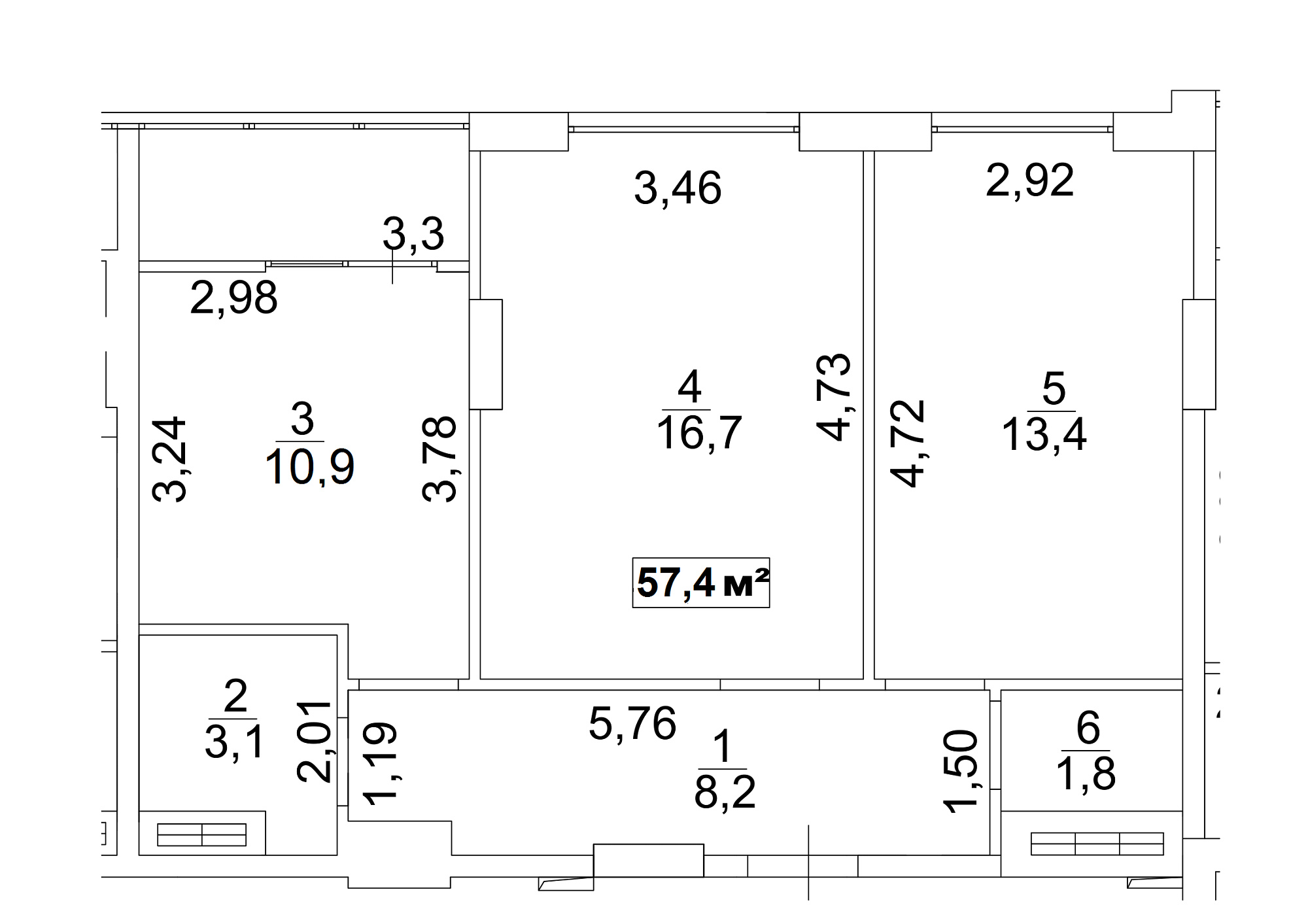 Планировка 2-к квартира площей 57.4м2, AB-13-06/00046.