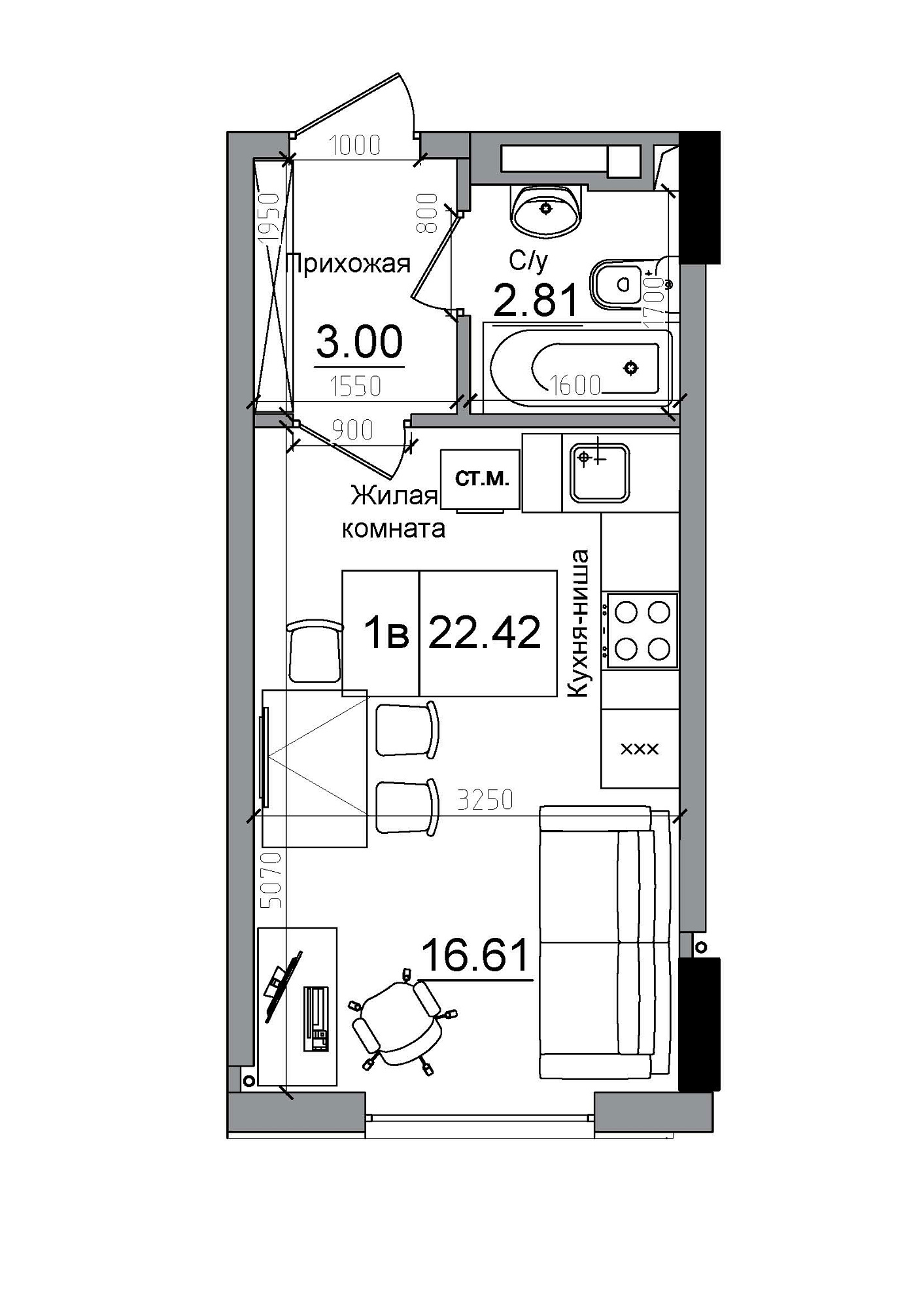 Планування Smart-квартира площею 22.42м2, AB-12-12/00003.