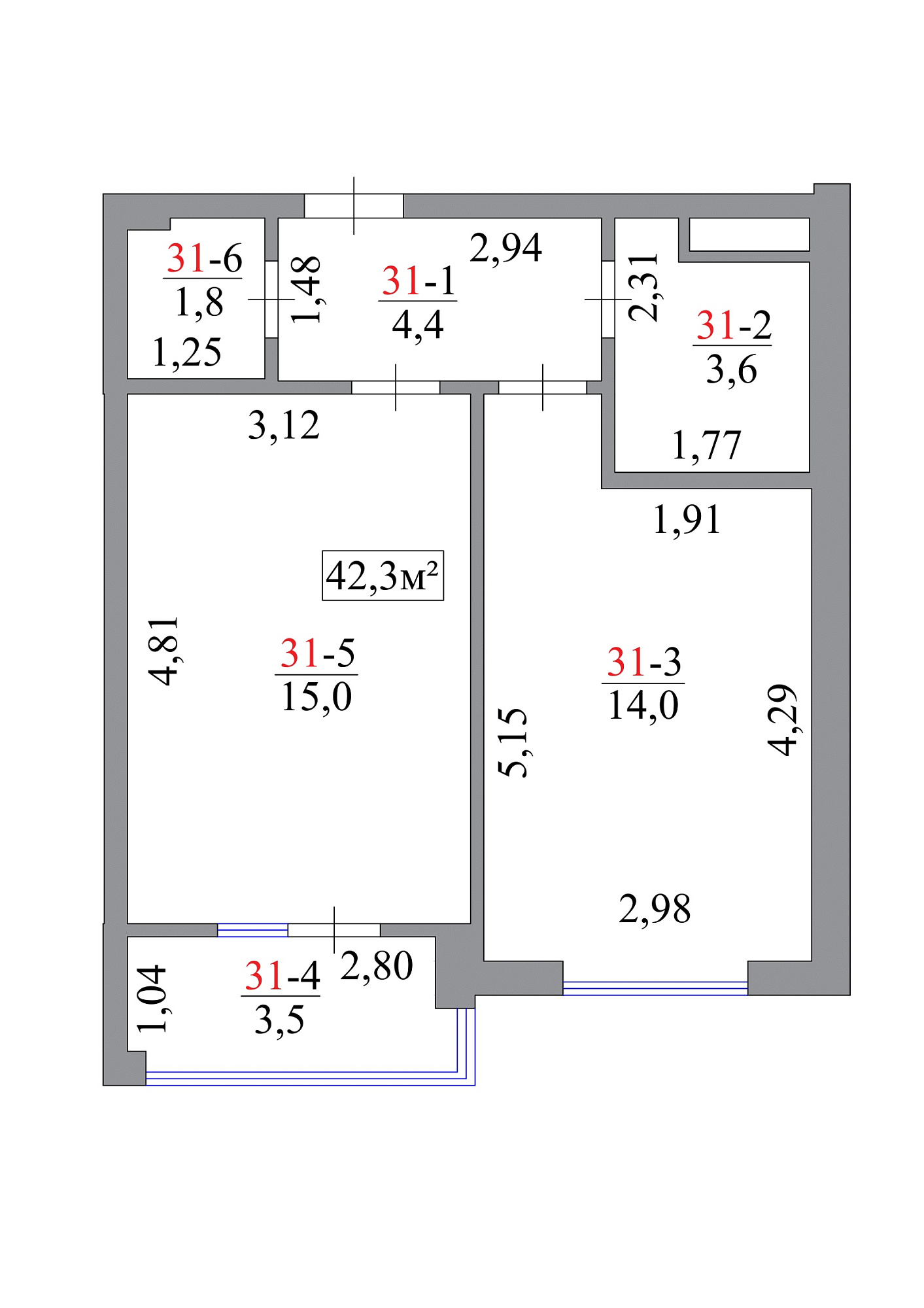 Планировка 1-к квартира площей 42.3м2, AB-07-04/00028.