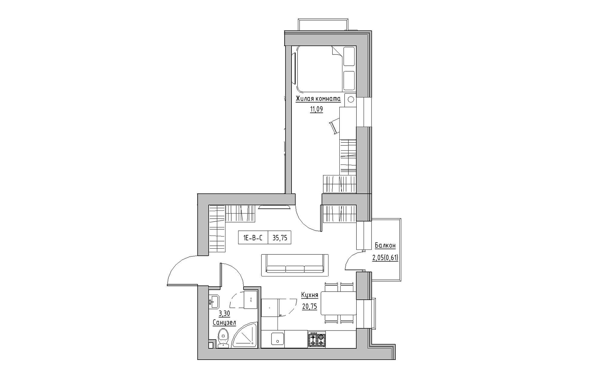 Планировка 1-к квартира площей 35.75м2, KS-022-03/0009.