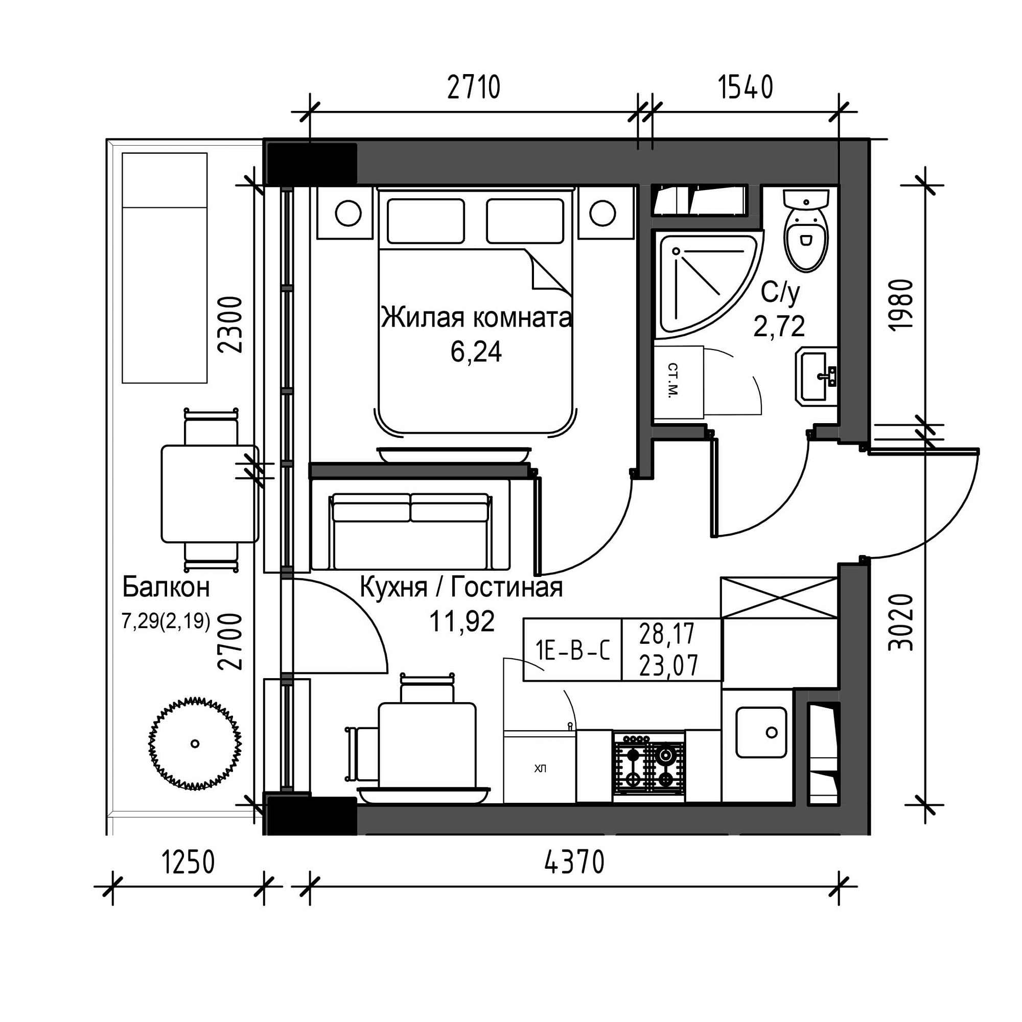 Планування 1-к квартира площею 23.07м2, UM-001-03/0013.
