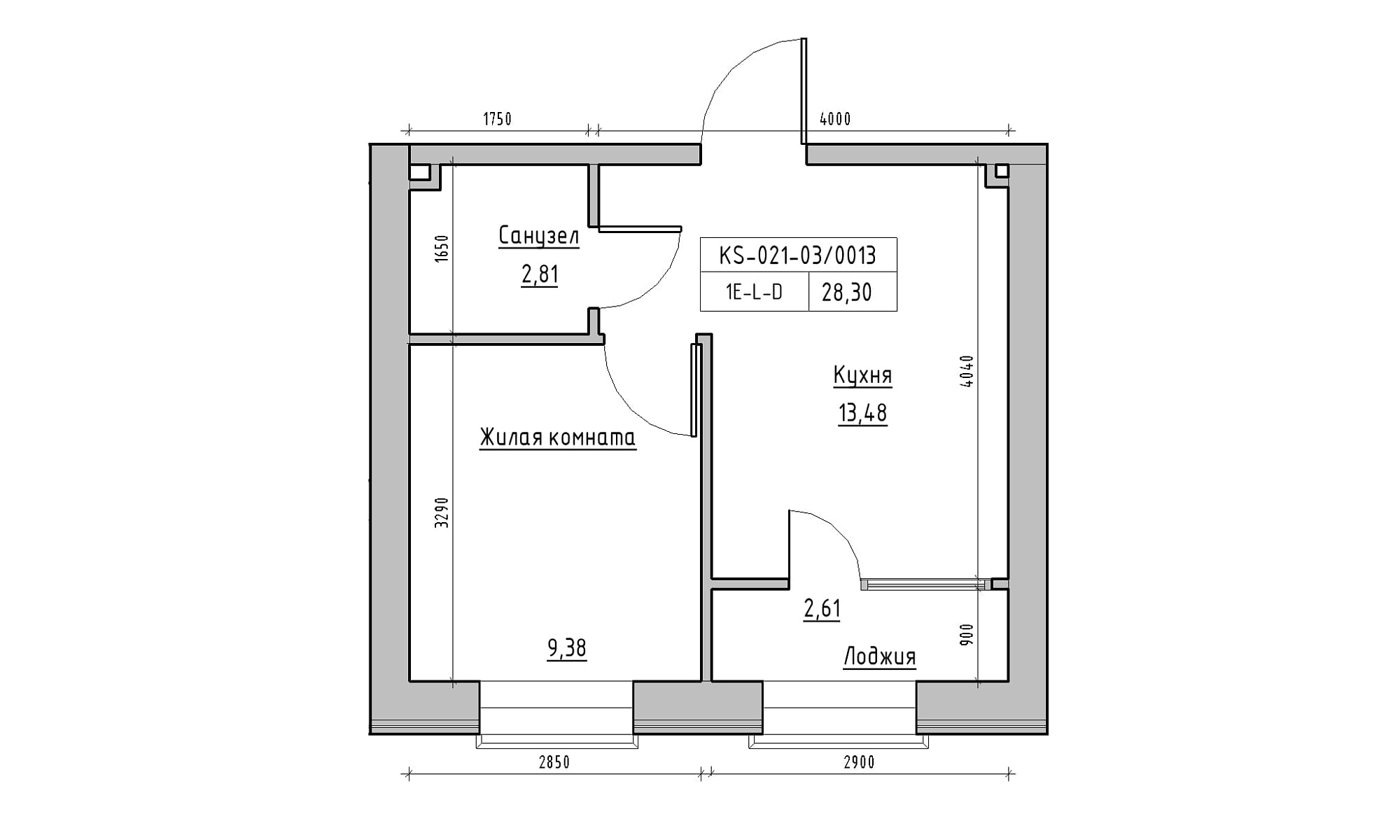 Планировка 1-к квартира площей 28.3м2, KS-021-03/0013.