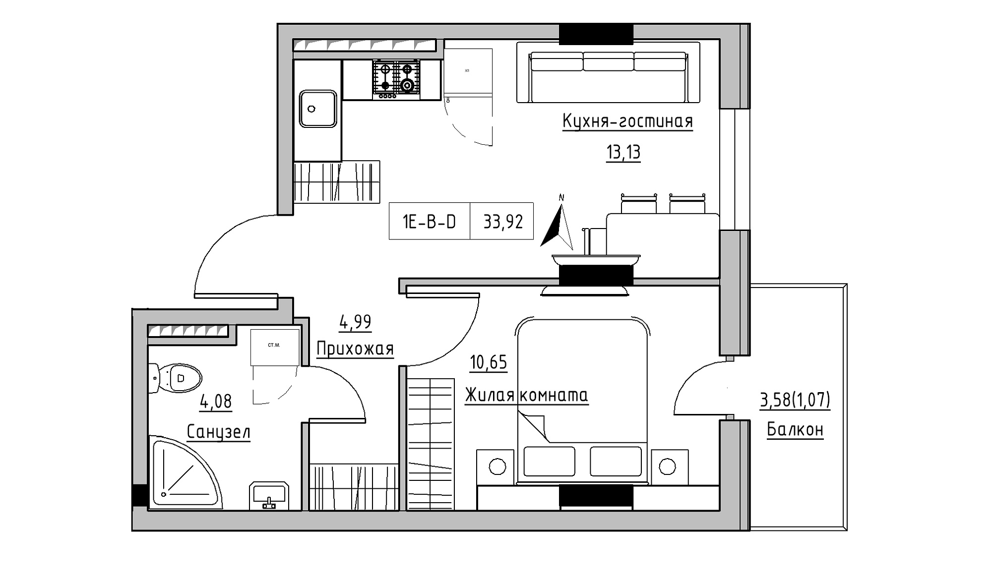 Планировка 1-к квартира площей 33.92м2, KS-025-05/0002.