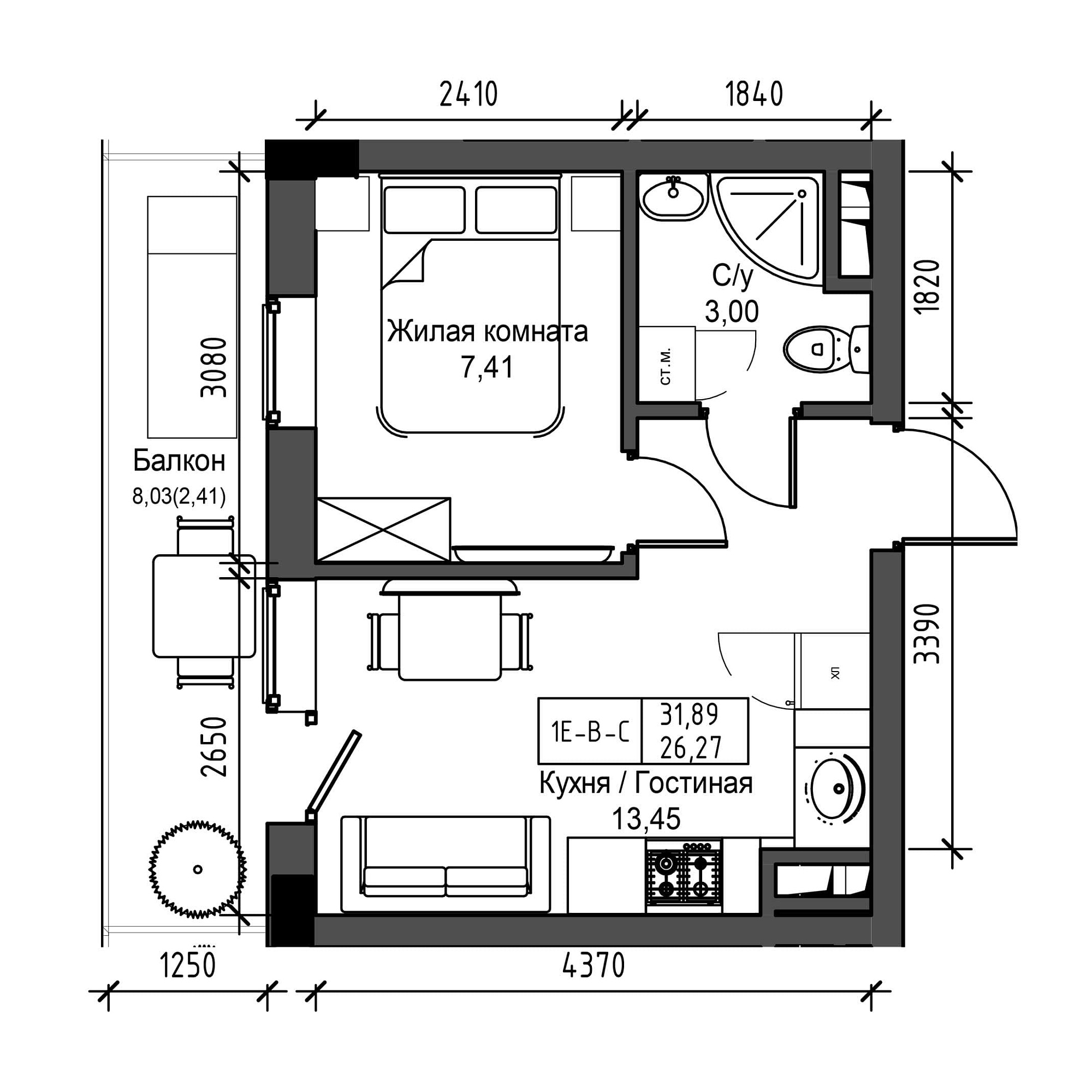 Планировка 1-к квартира площей 26.27м2, UM-001-04/0015.