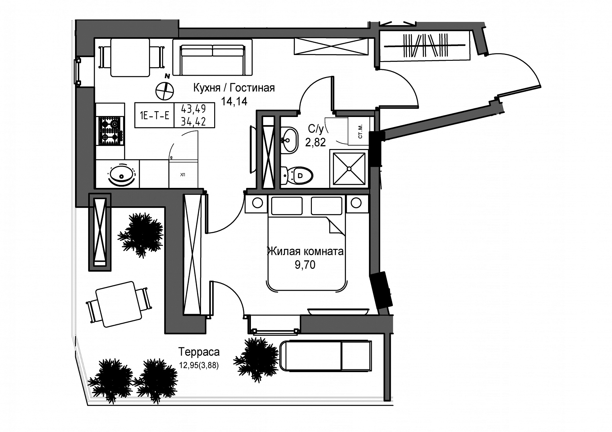 Планировка 1-к квартира площей 34.42м2, UM-004-09/0014.