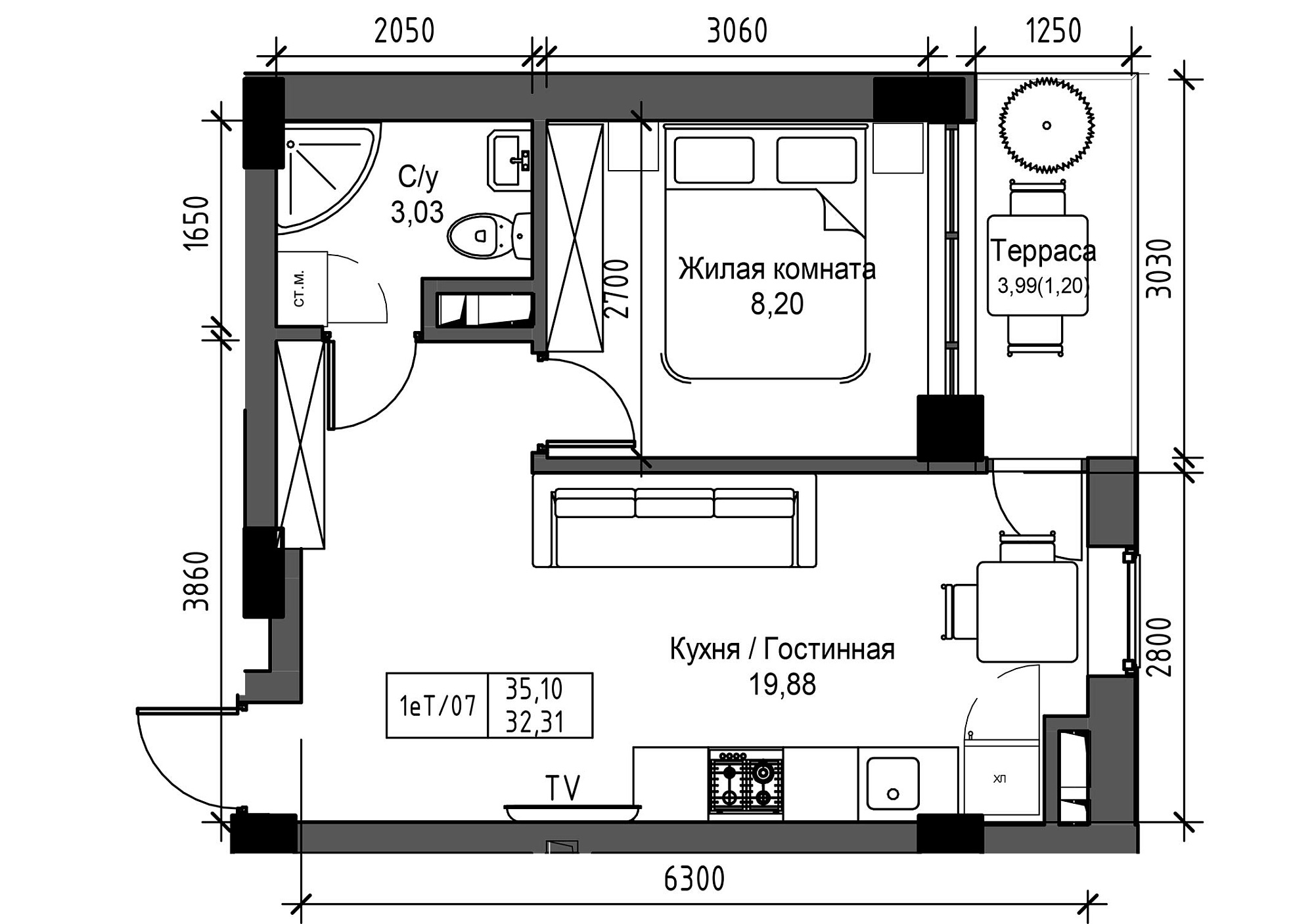 Планировка 1-к квартира площей 32.31м2, UM-003-03/0017.